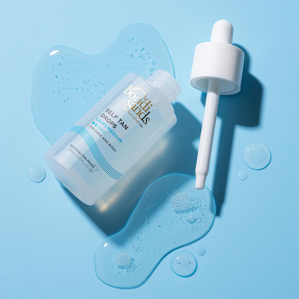 Bondi Sands Self Tan Drops, cuentagotas en primer plano para aplicación controlada.