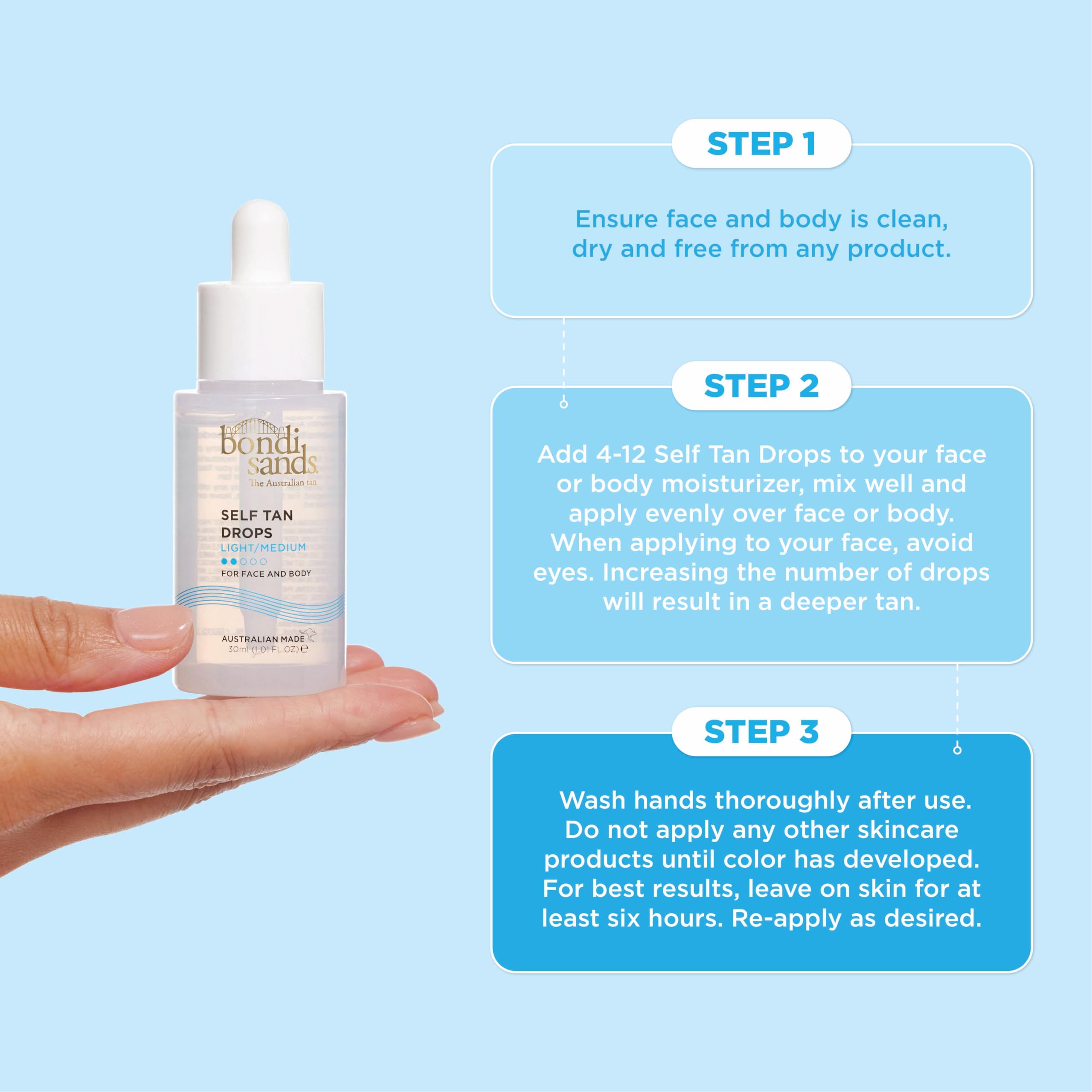 Bondi Sands Self Tan Drops, tono claro/medio para piel clara a media.