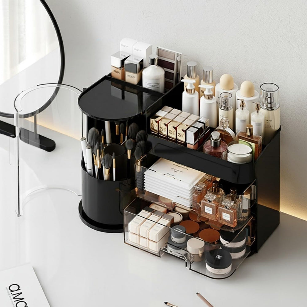 Booklov expositor de cosméticos negro, ideal para mostrar productos.
