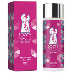 Booty Magic en botella mostrando el envase de 6,8 onzas para uso diario.