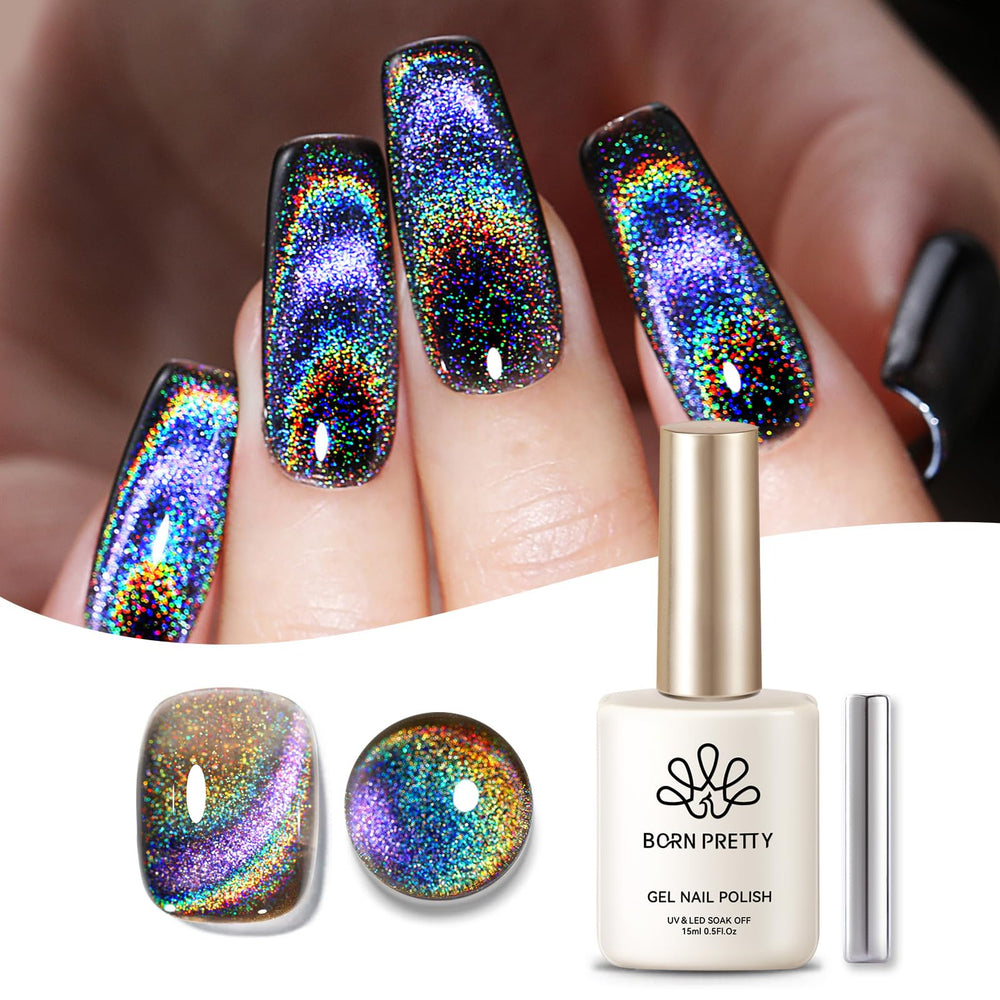 Born Pretty Cat Magnetic Eye Gel muestra arcoíris holográfico en la botella para uñas brillantes