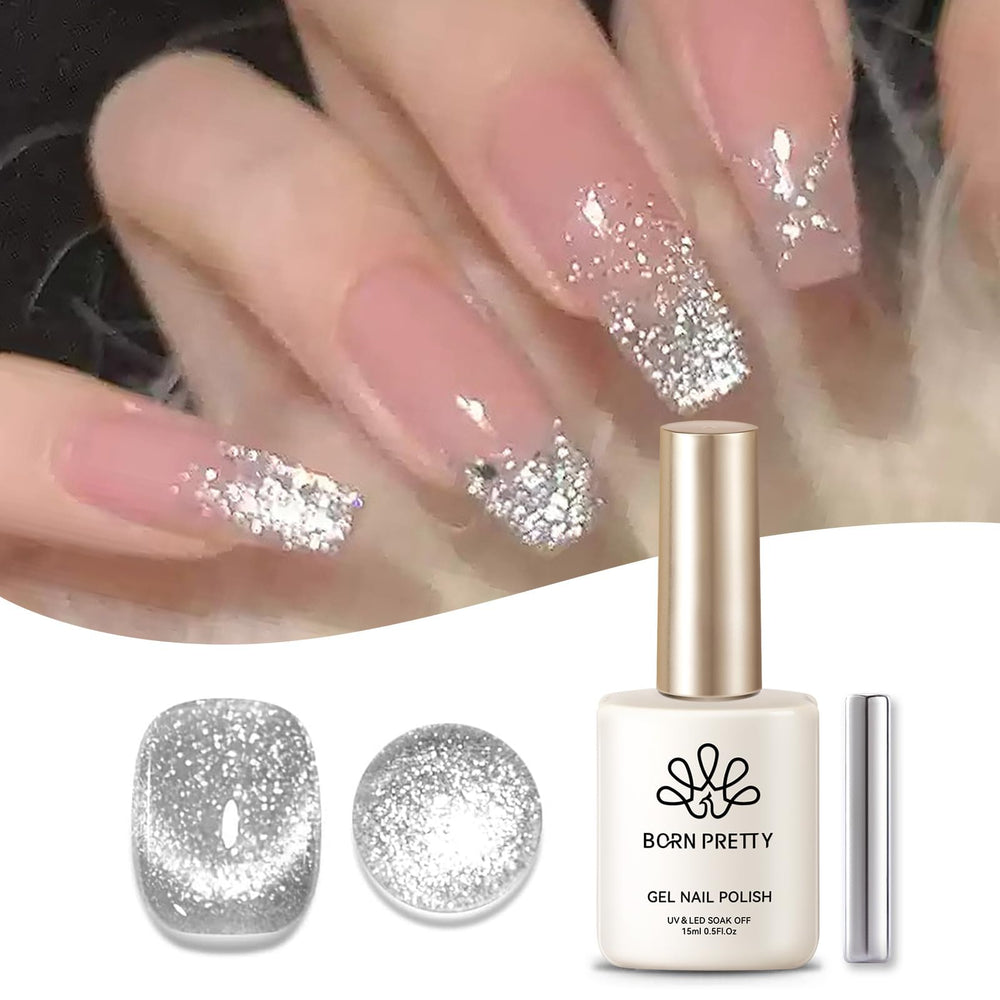 Born Pretty gel magnético gato plata, acabado brillante y duradero.