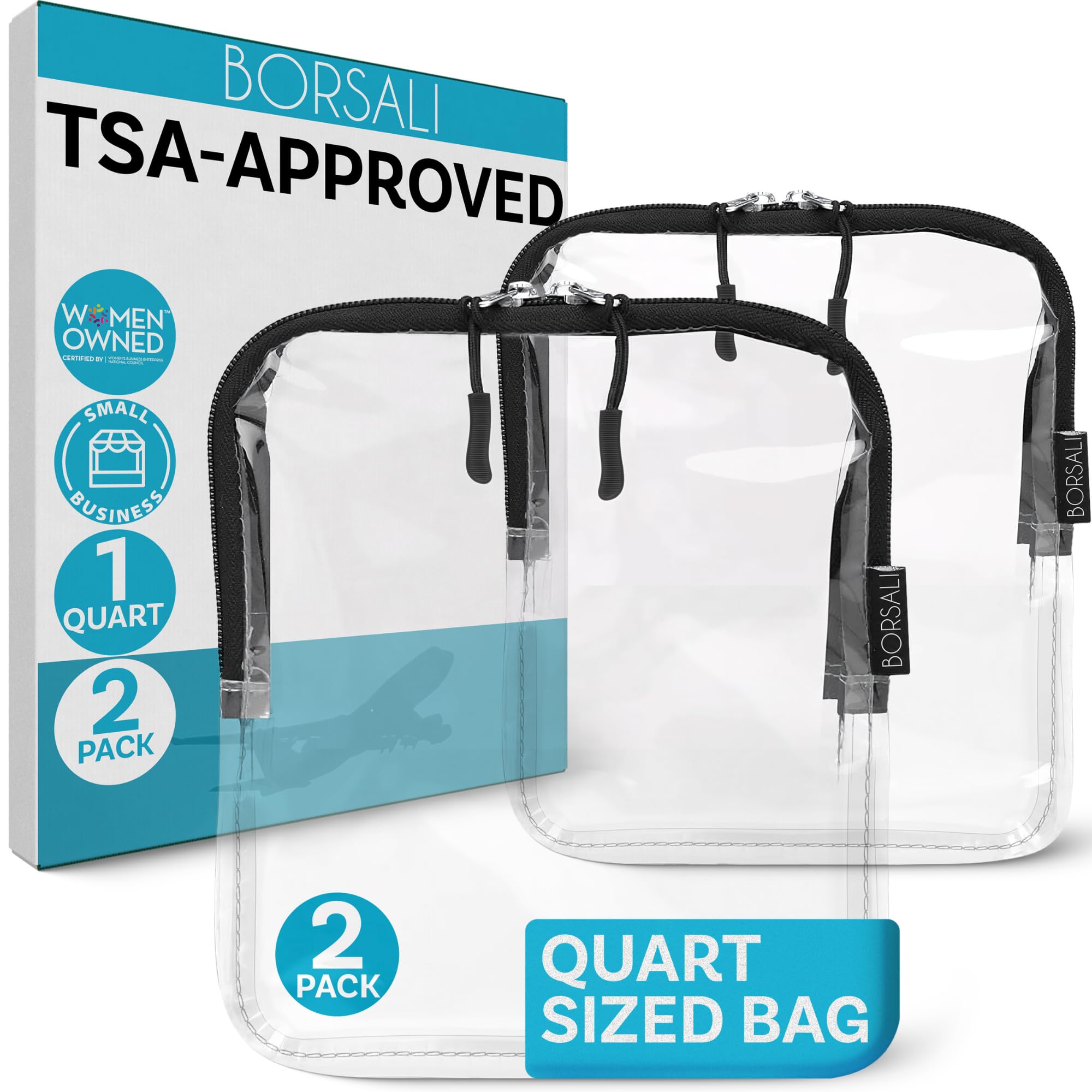 BORSALI bolsa de aseo transparente de 1 litro, vista frontal para líquidos visibles.