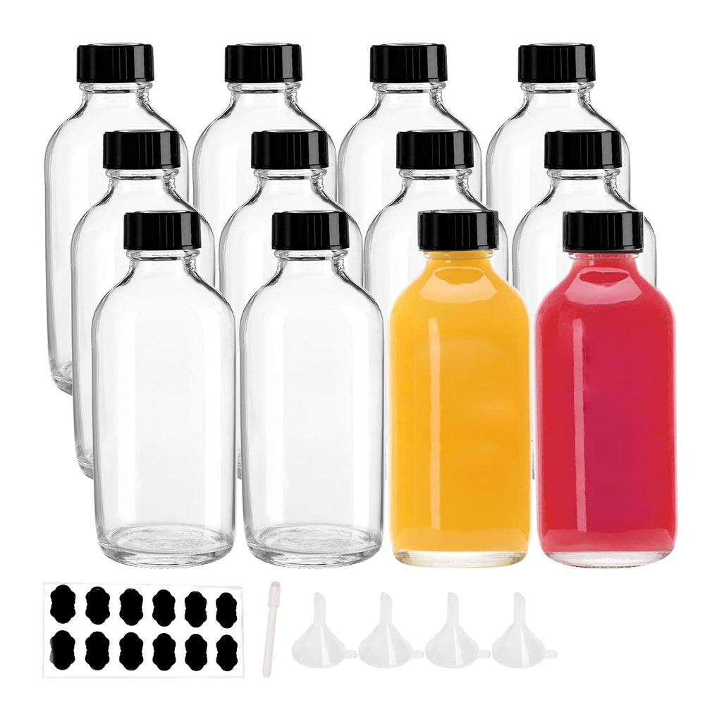 Botella Boston BPFY 4 oz transparente con tapa negra, ideal para contener extractos artesanales.