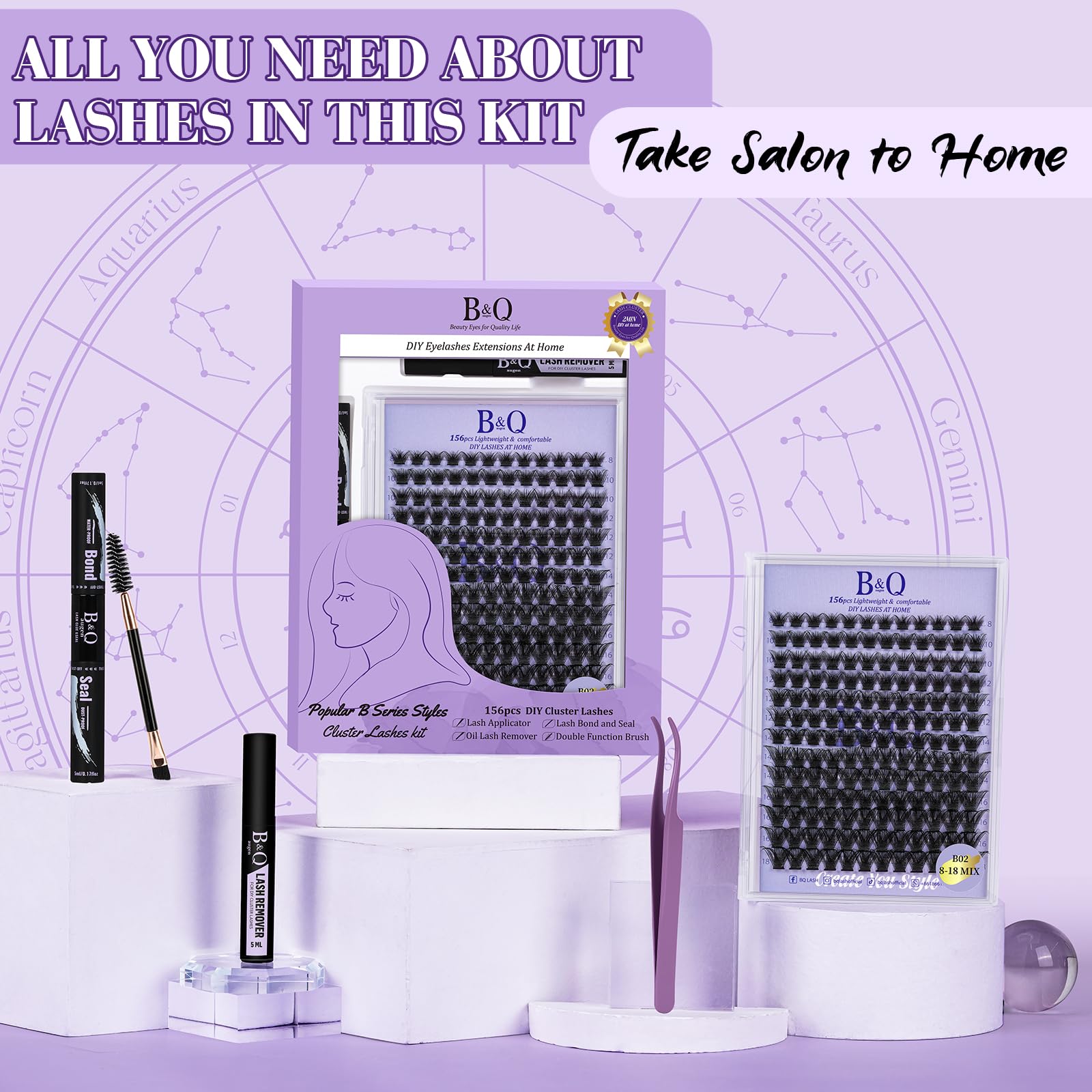 Accesorios completos de B&Qaugen Wispy Lash Clusters para fijar y limpiar.