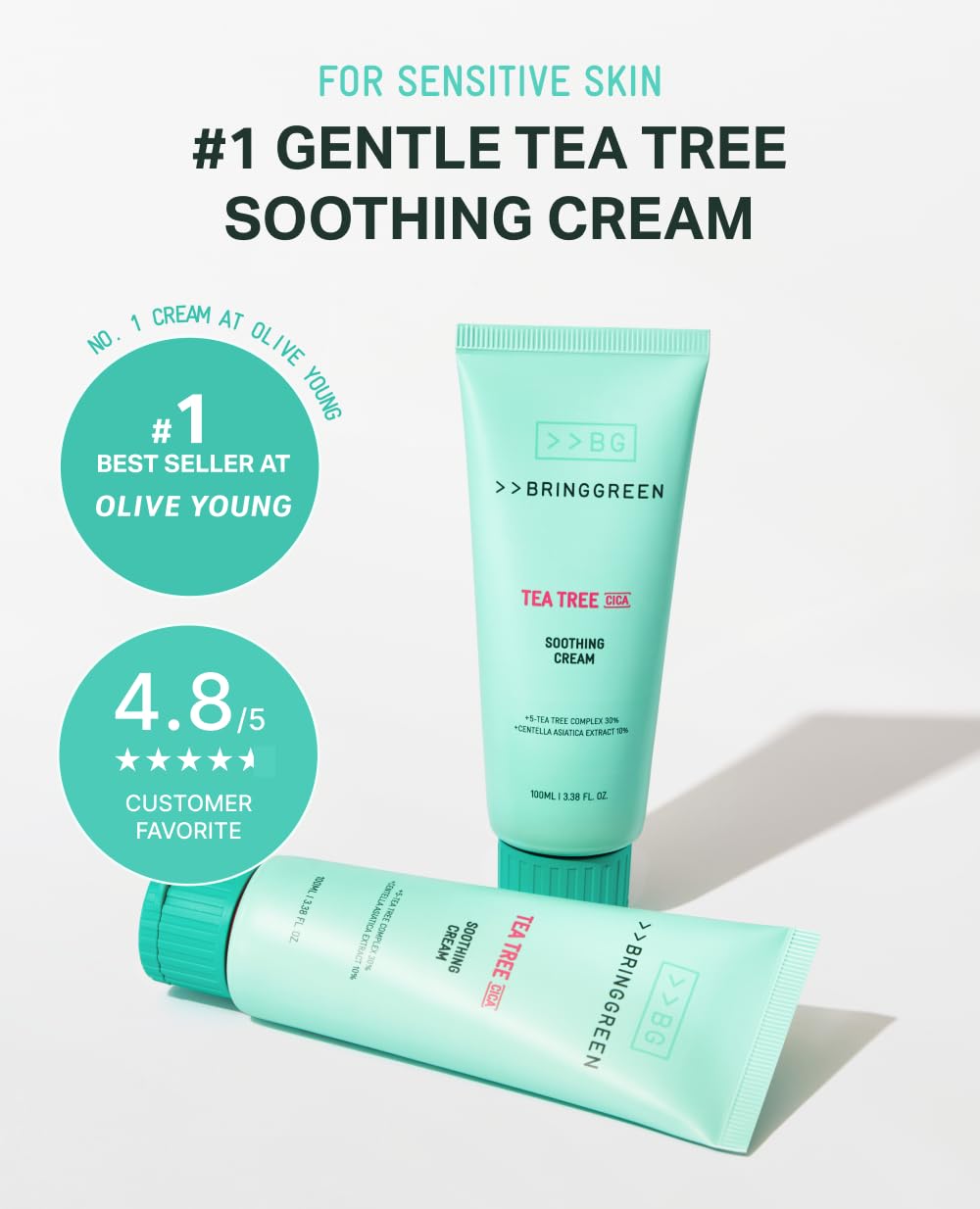 BRING GREEN crema de árbol de té Cica, complejo para hidratación y calma.