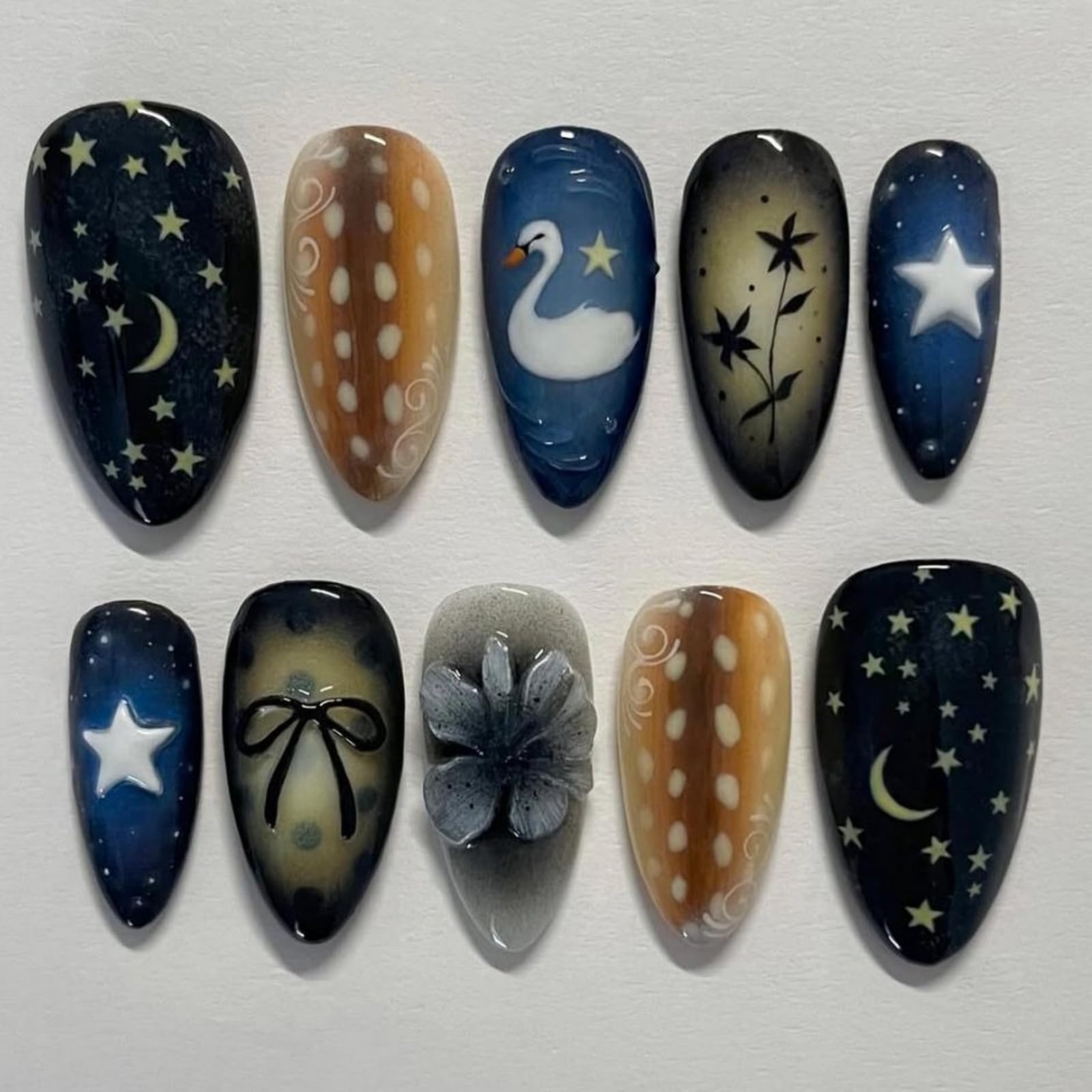 BRKYKGK uñas medias almendra con destellos azules y estrellas para ocasiones especiales