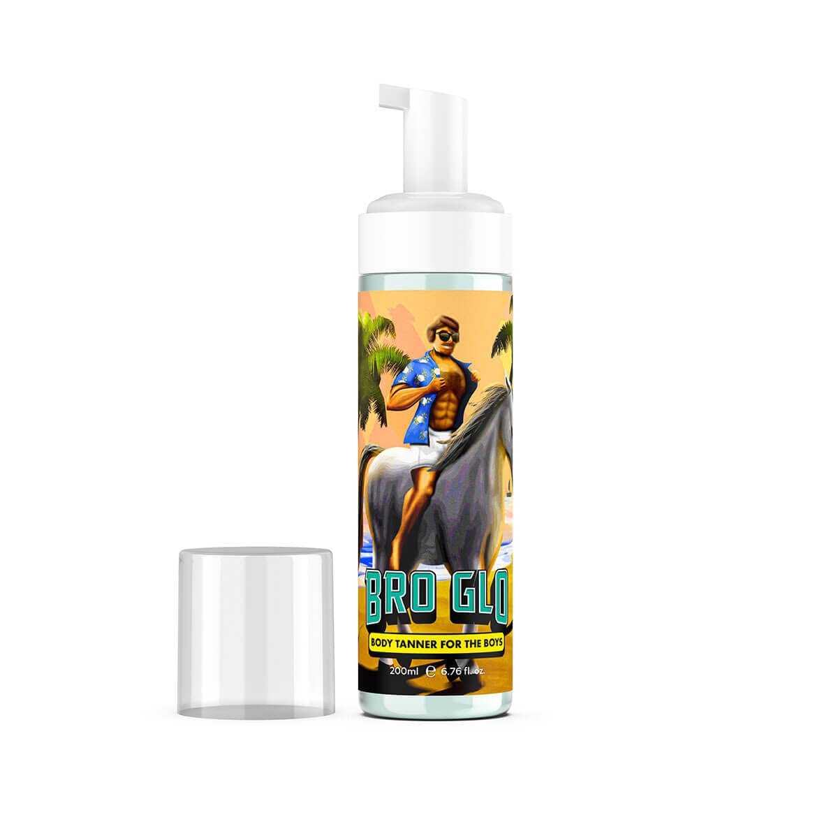 Bro Glo envase de autobronceador mousse, textura ligera para aplicación rápida.