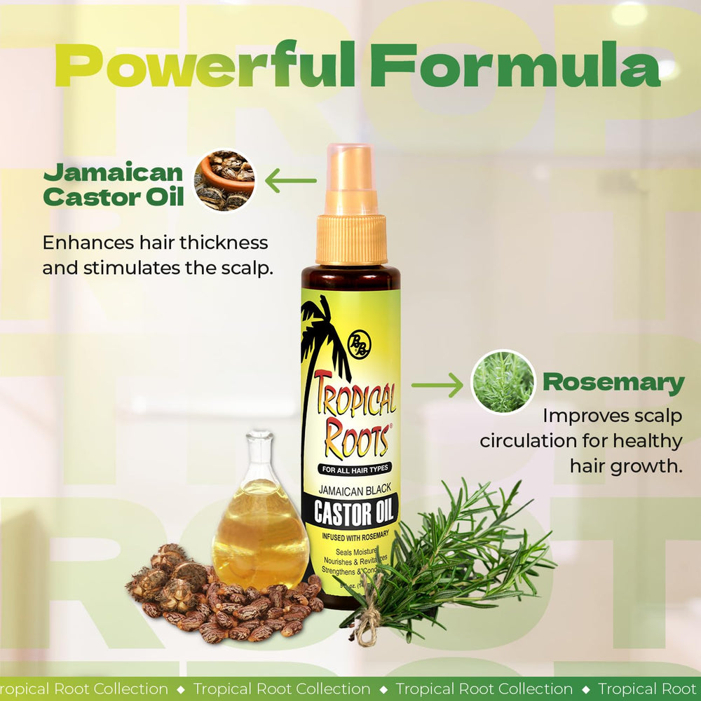 Bronner Bros Tropical Roots Aceite Ricino Negro, cabello más fuerte y nutrido.