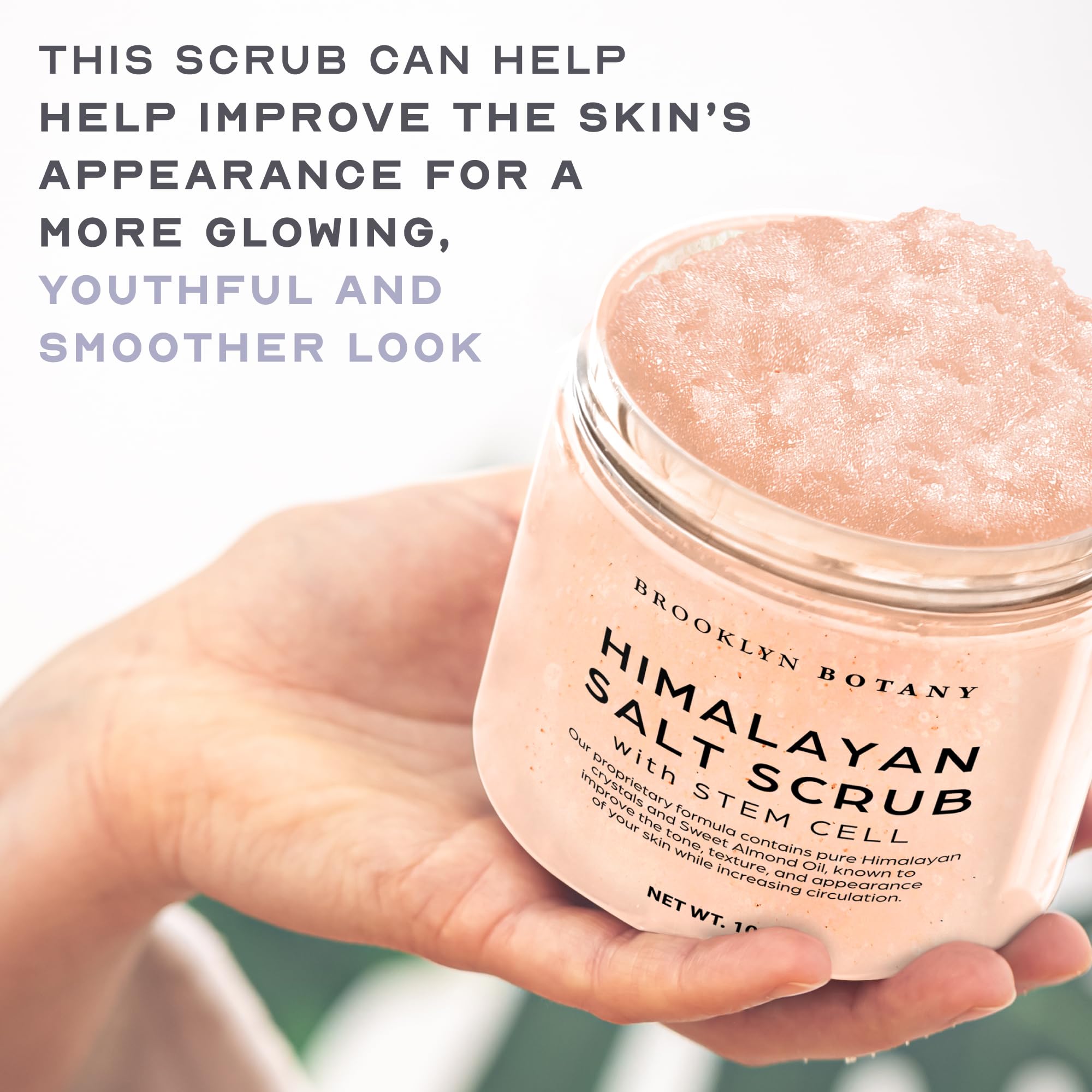 Brooklyn Botany Himalayan Salt & Stem Cell Scrub hand application with hydrated appearance