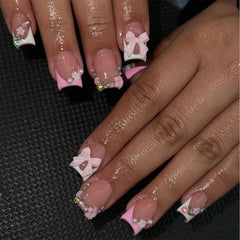 BSBTBZ uñas presión 24 piezas con lazo rosa, ideal para estilo rápido