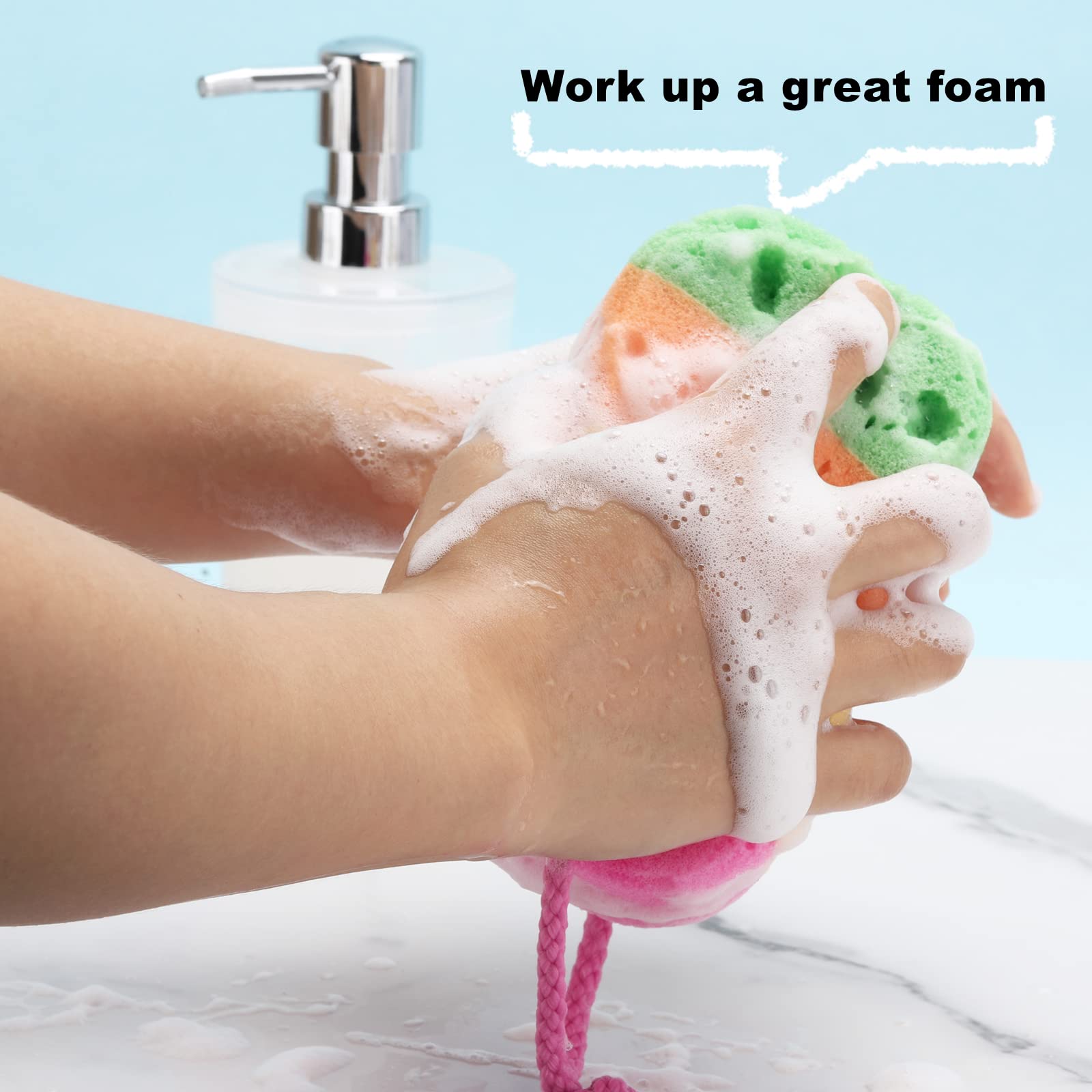 Esponja exfoliante BTYMS con gancho para secado rápido y almacenamiento.