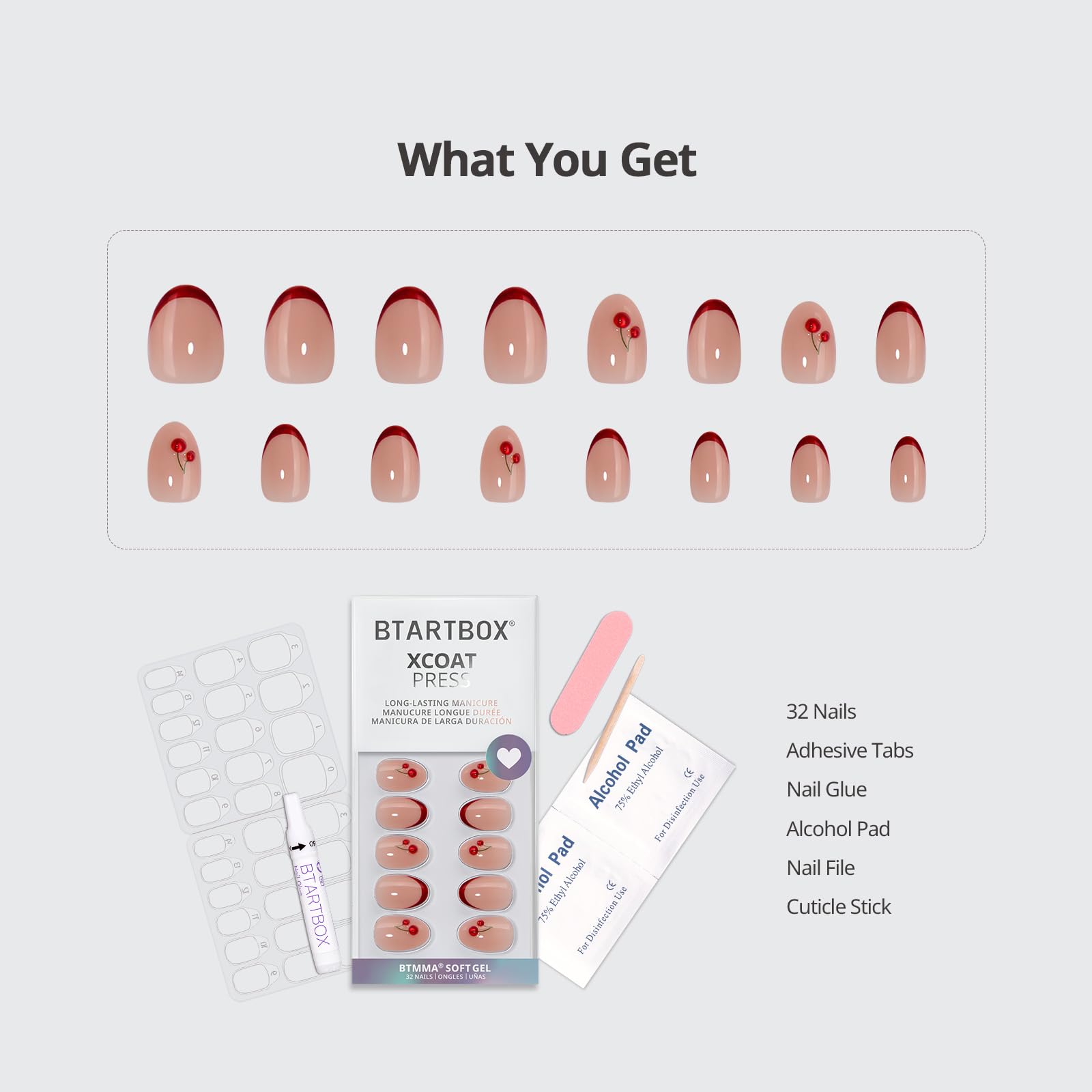 BTArtbox Kit uñas 32 piezas, pegamento y adhesivos para manicura rápida