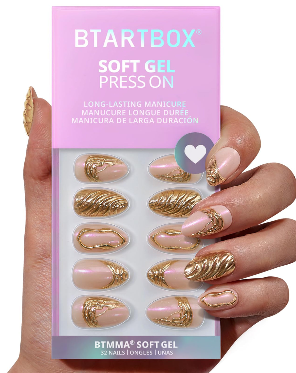 BTArtbox uñas doradas 3D en almendra para un acabado elegante y duradero.