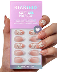BTArtbox Uñas postizas cortas 3D mariposa francesa, aspecto natural para uso diario.