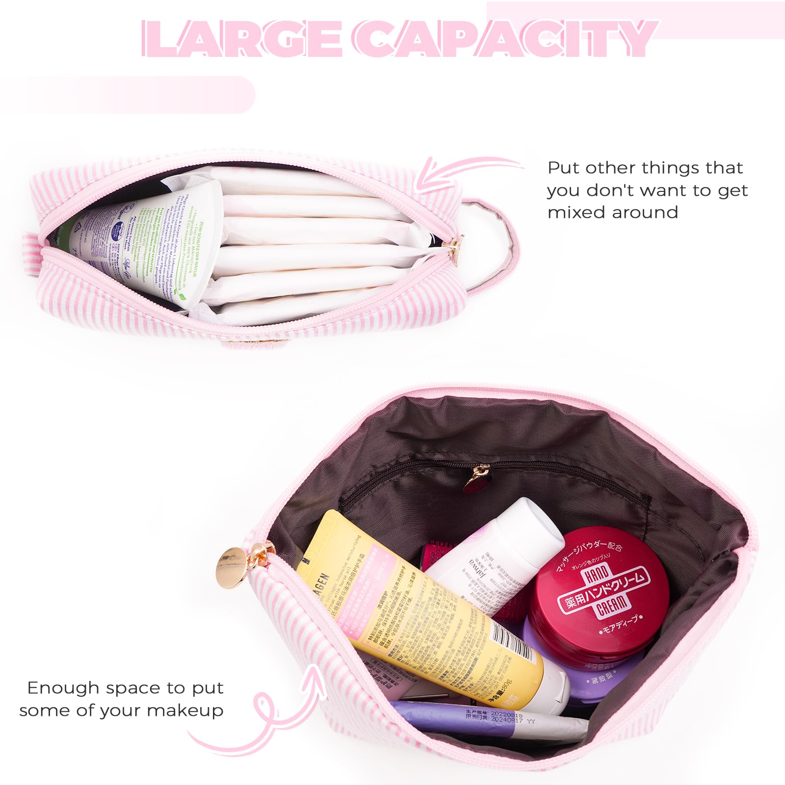 Btffitting doble bolso cosméticos rosa, mantiene ordenado el maquillaje durante viajes.