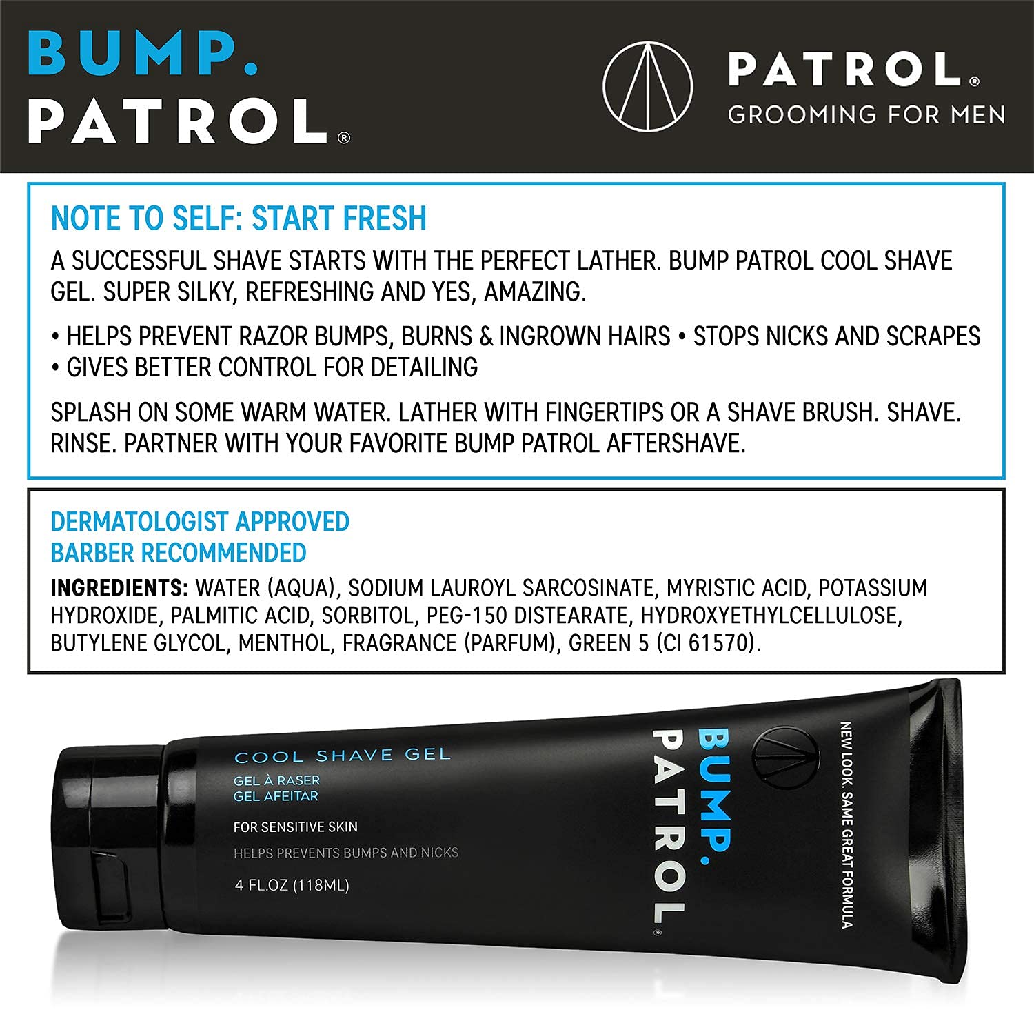 Bump Patrol Gel de Afeitar Mentol Refrescante brinda sensación fresca durante el afeitado.