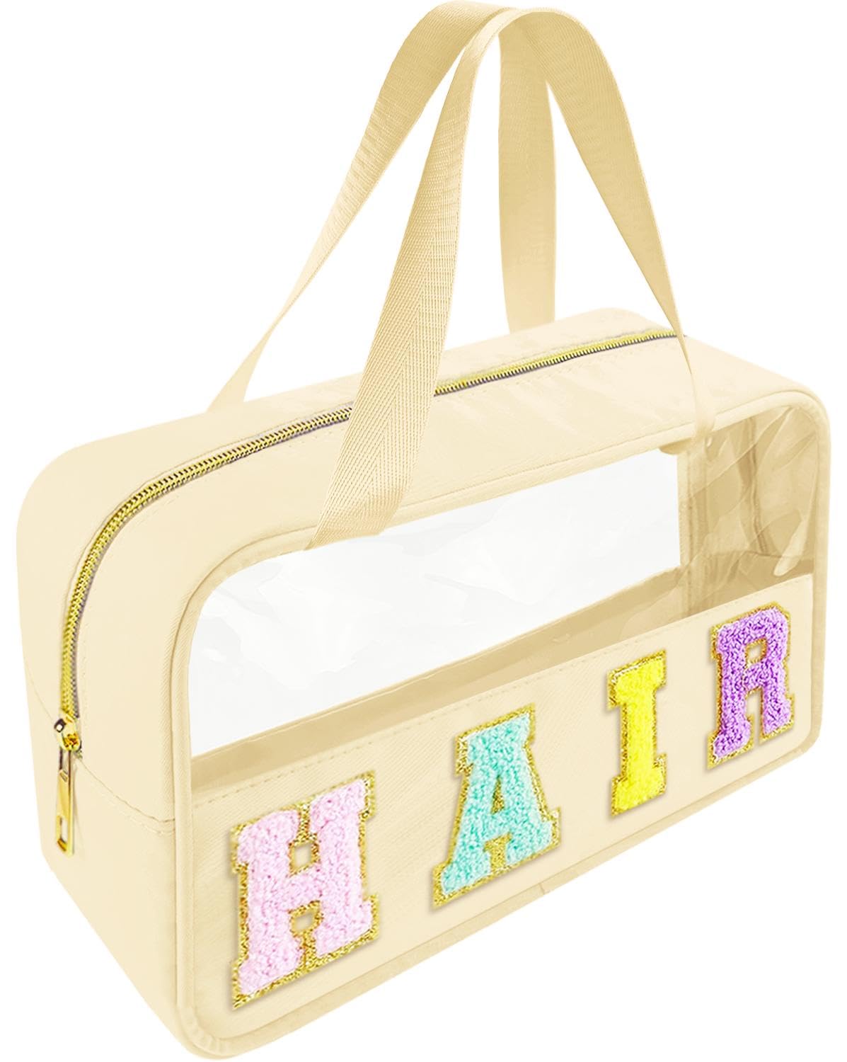 Bunliuys bolsa transparente con letra chenille dorada, fácil de localizar cosméticos.