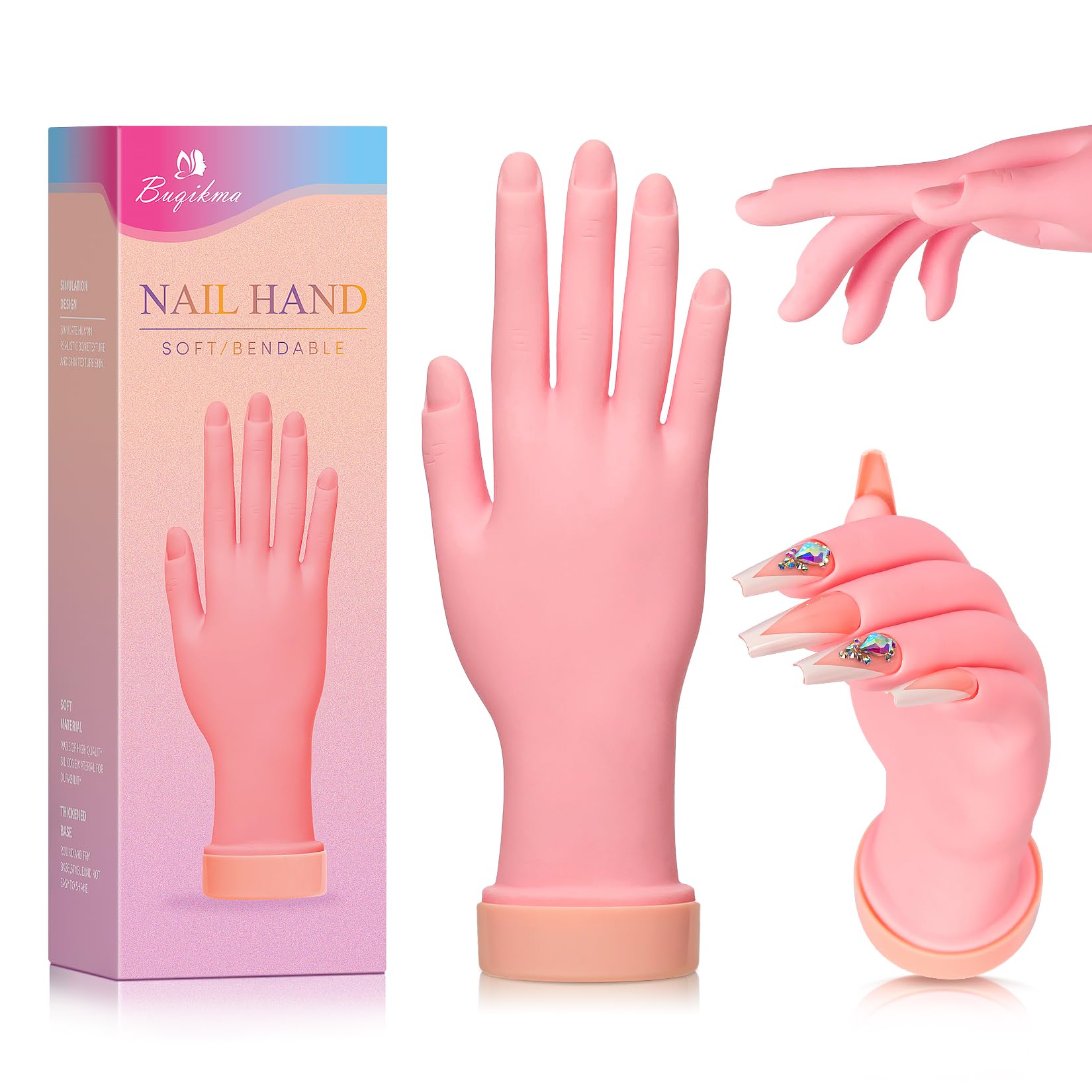 Mano de práctica Buqikma vista frontal, ideal para entrenamiento de diseño de uñas.