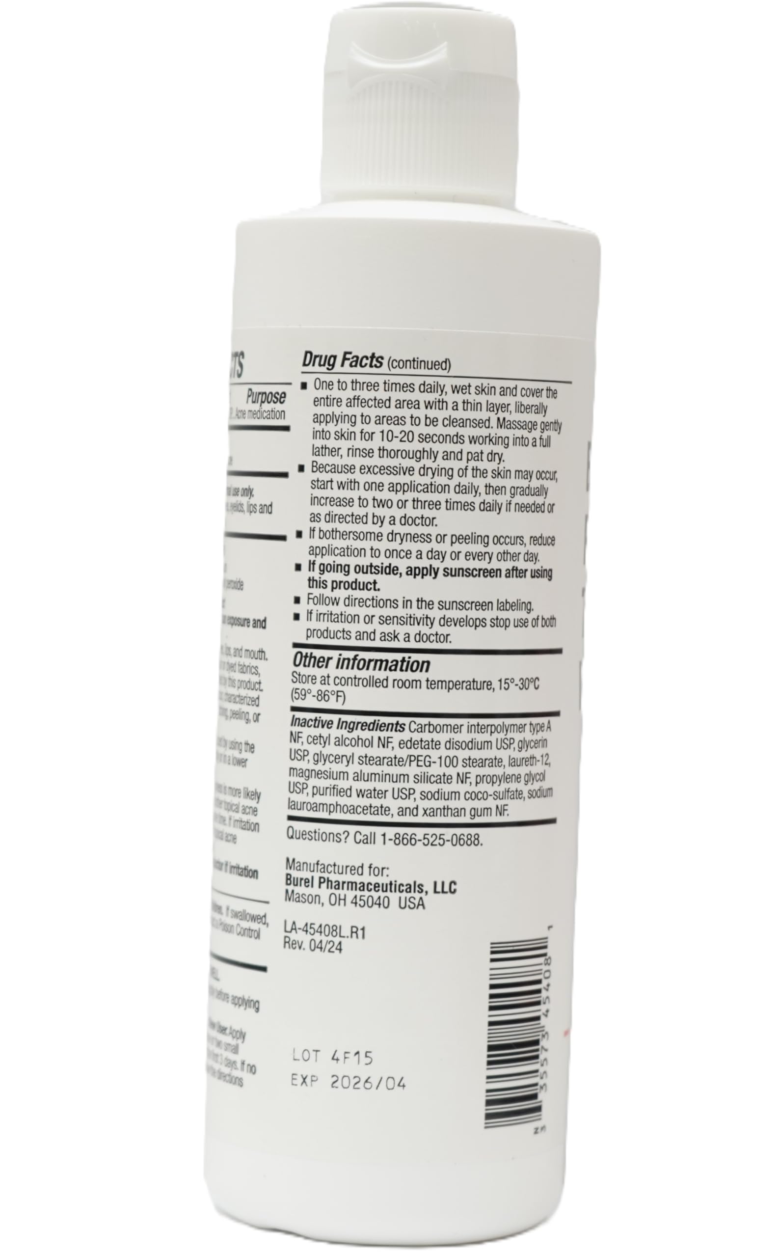 Burelpharma peroxido de benzoilo lavado topico, aplicacion de espuma para piel limpia