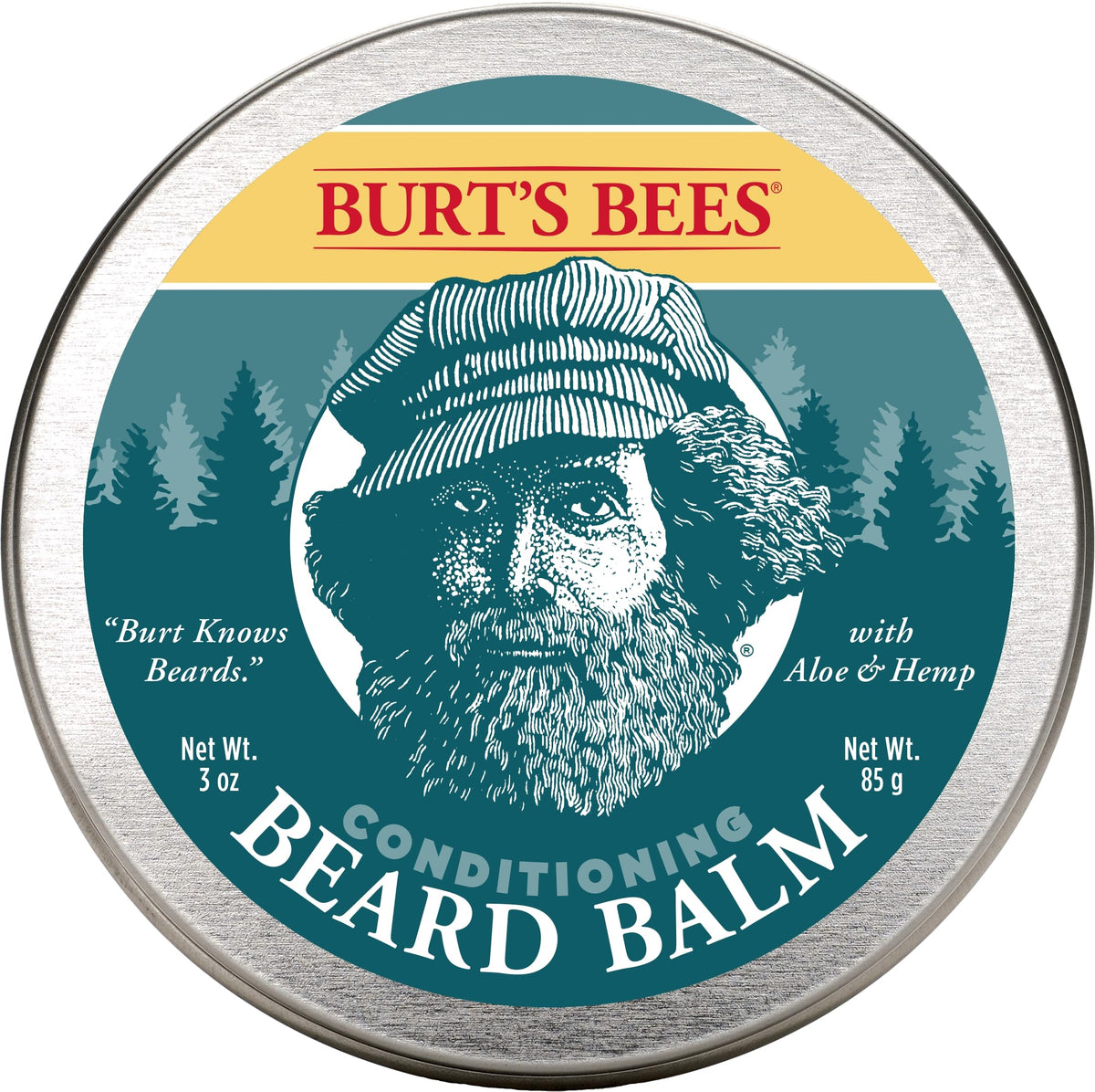 Burt's Bees Conditioning Beard Balm tin shows aloe and hemp for nourished beard and skin.