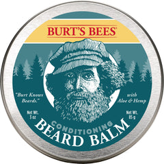 Burt's Bees Conditioning Beard Balm tin shows aloe and hemp for nourished beard and skin.