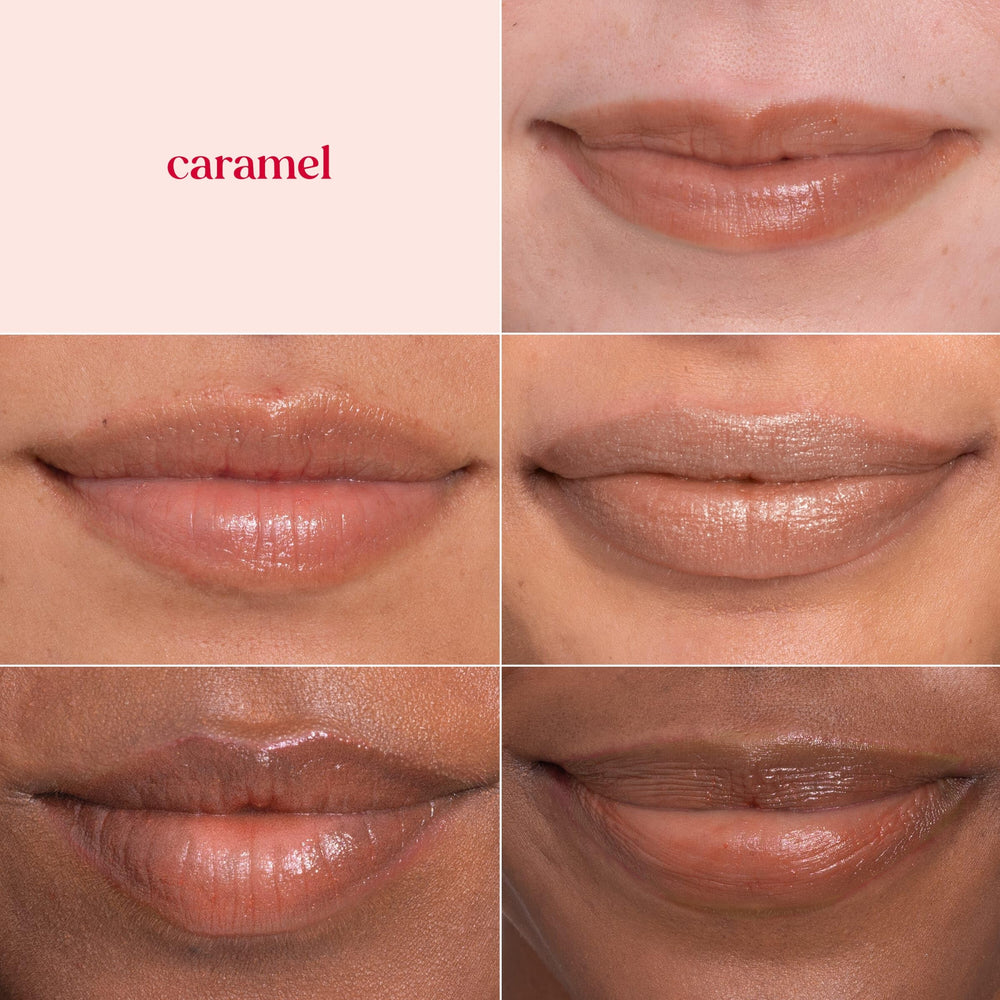 Burt's Bees Lip Shimmer Caramel, manteca de karité y cacao para hidratación instantánea.