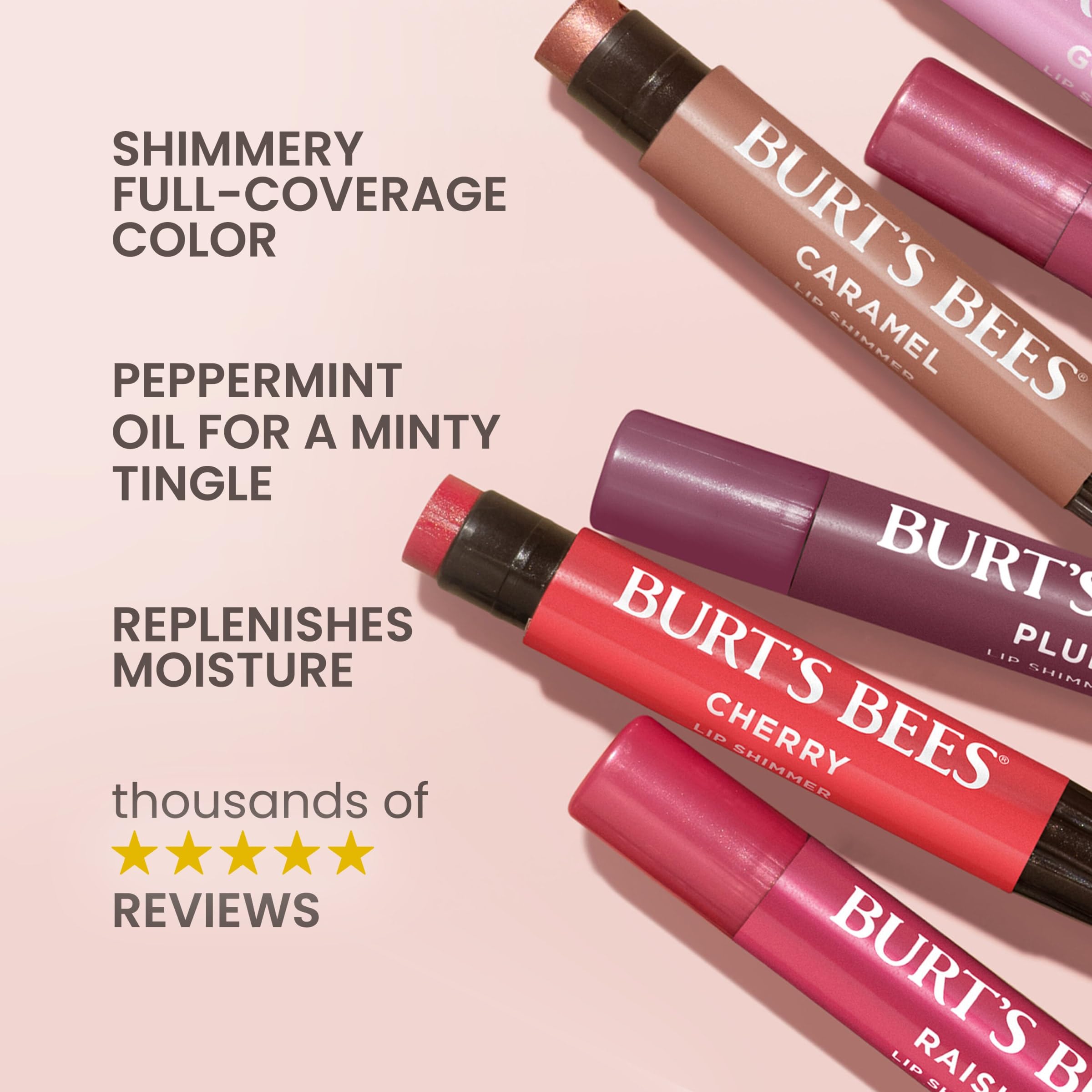 Burt's Bees Lip Shimmer Caramel, muestra en labios con tono caramelo cálido.