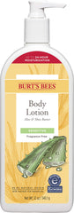 Loción corporal Burt's Bees para piel sensible con Aloe y Shea, hidratación suave y duradera.