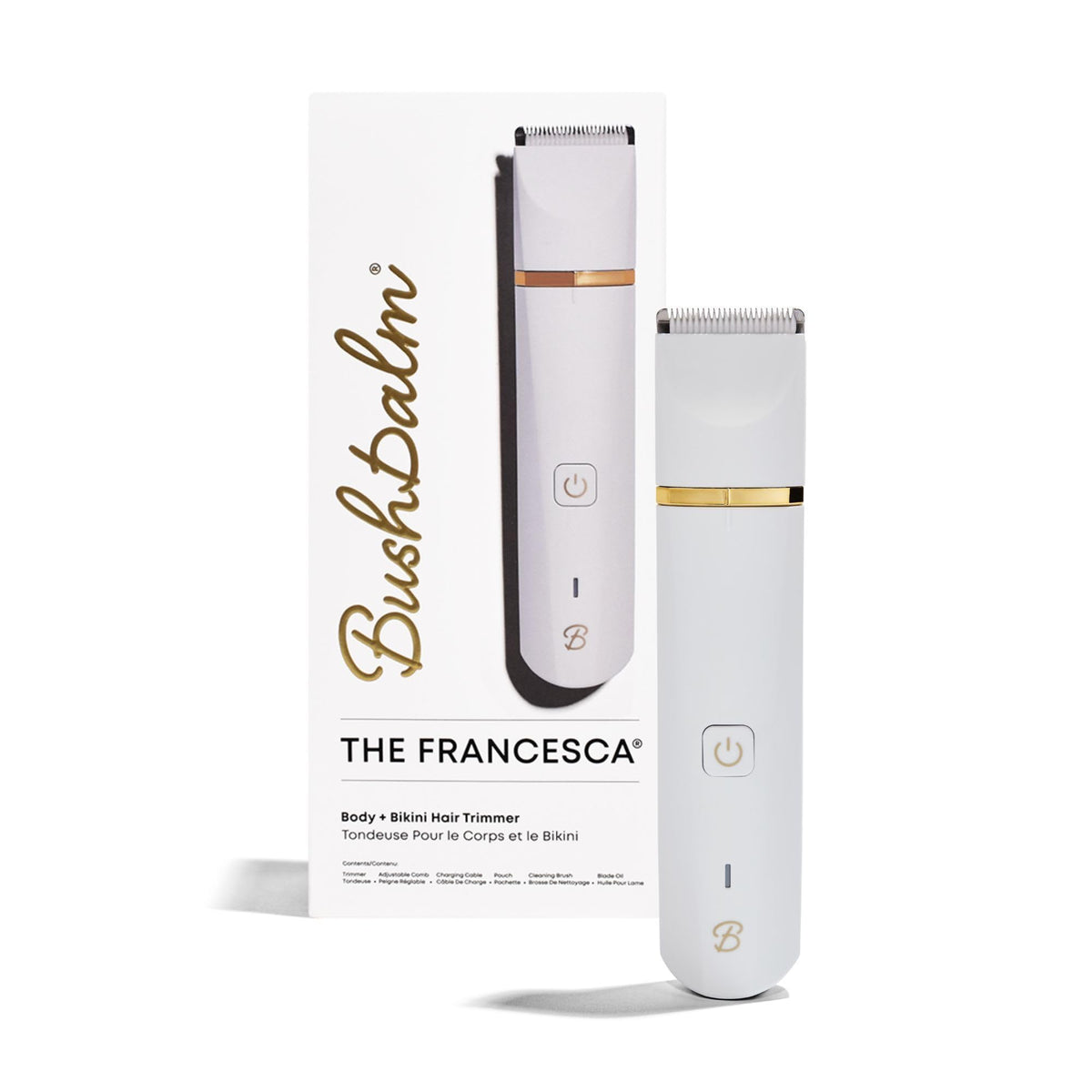 Francesca Trimmer de Bushbalm para corte de bikini, precisión suave para zonas sensibles.
