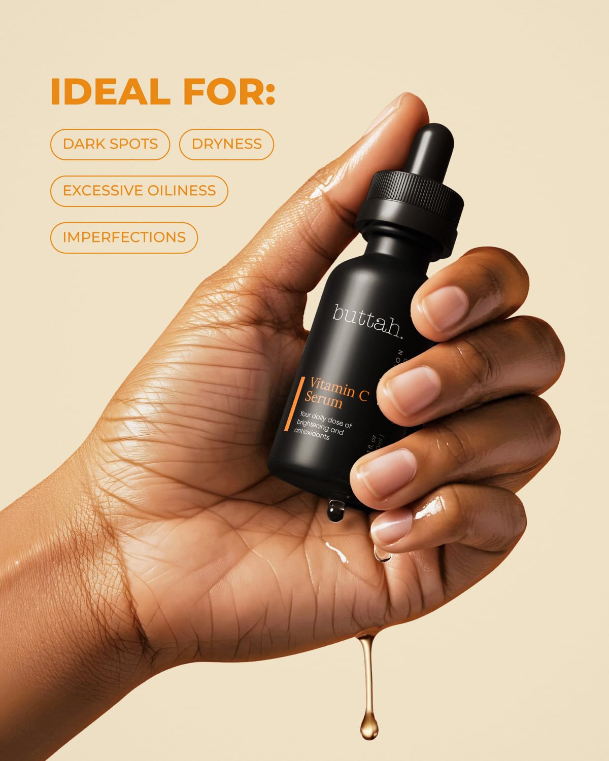 Buttah Vitamina C Serum, etiqueta clara con Vitamina E y Ferúlico.