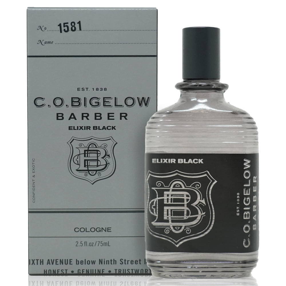 C. O. Bigelow Elixir Black, botella frontal, aroma duradero para uso diario.