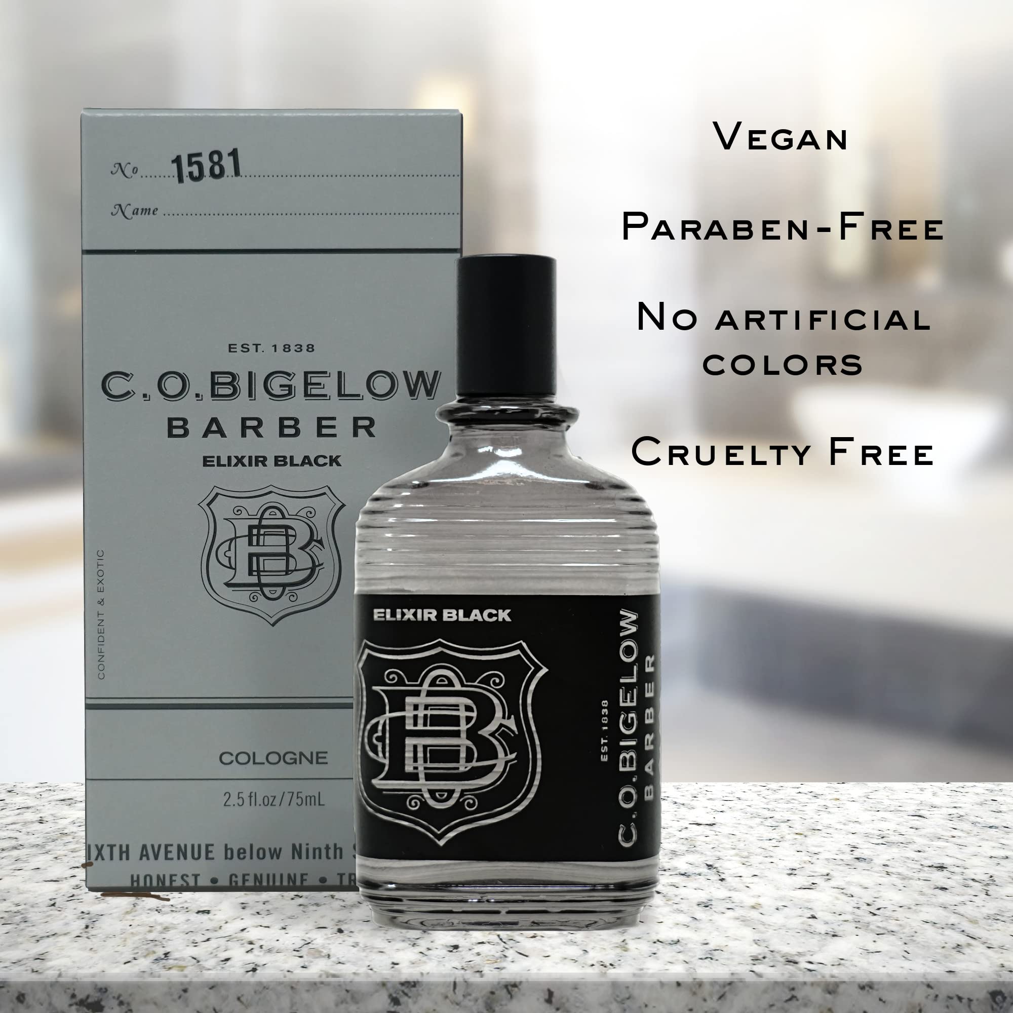 C. O. Bigelow Elixir Black, caja de empaque, regalo ideal para hombre.