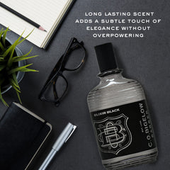C. O. Bigelow Elixir Black, etiqueta fragancia, notas cálidas para ocasiones nocturnas.