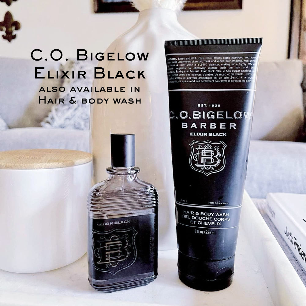 C. O. Bigelow Elixir Black, frasco en mano, experiencia suave de aplicación.