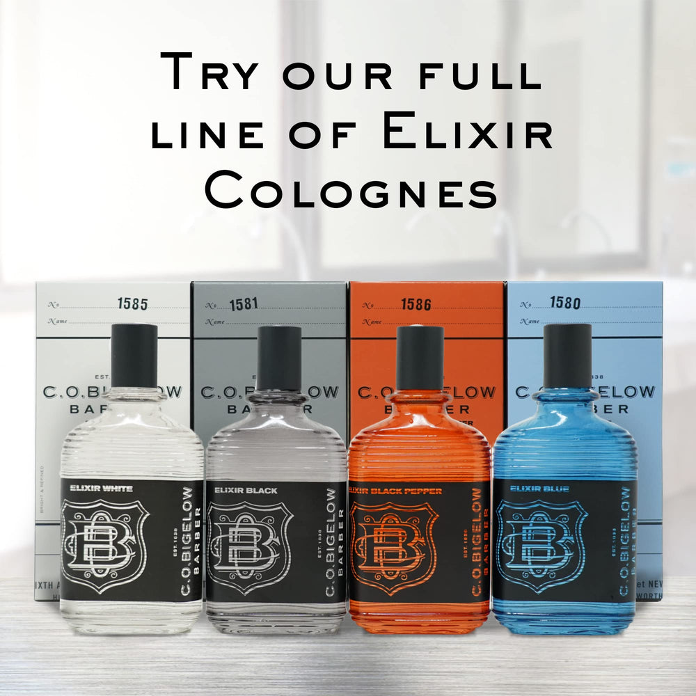 C. O. Bigelow Elixir Black, frasco de vidrio pulido en estante.