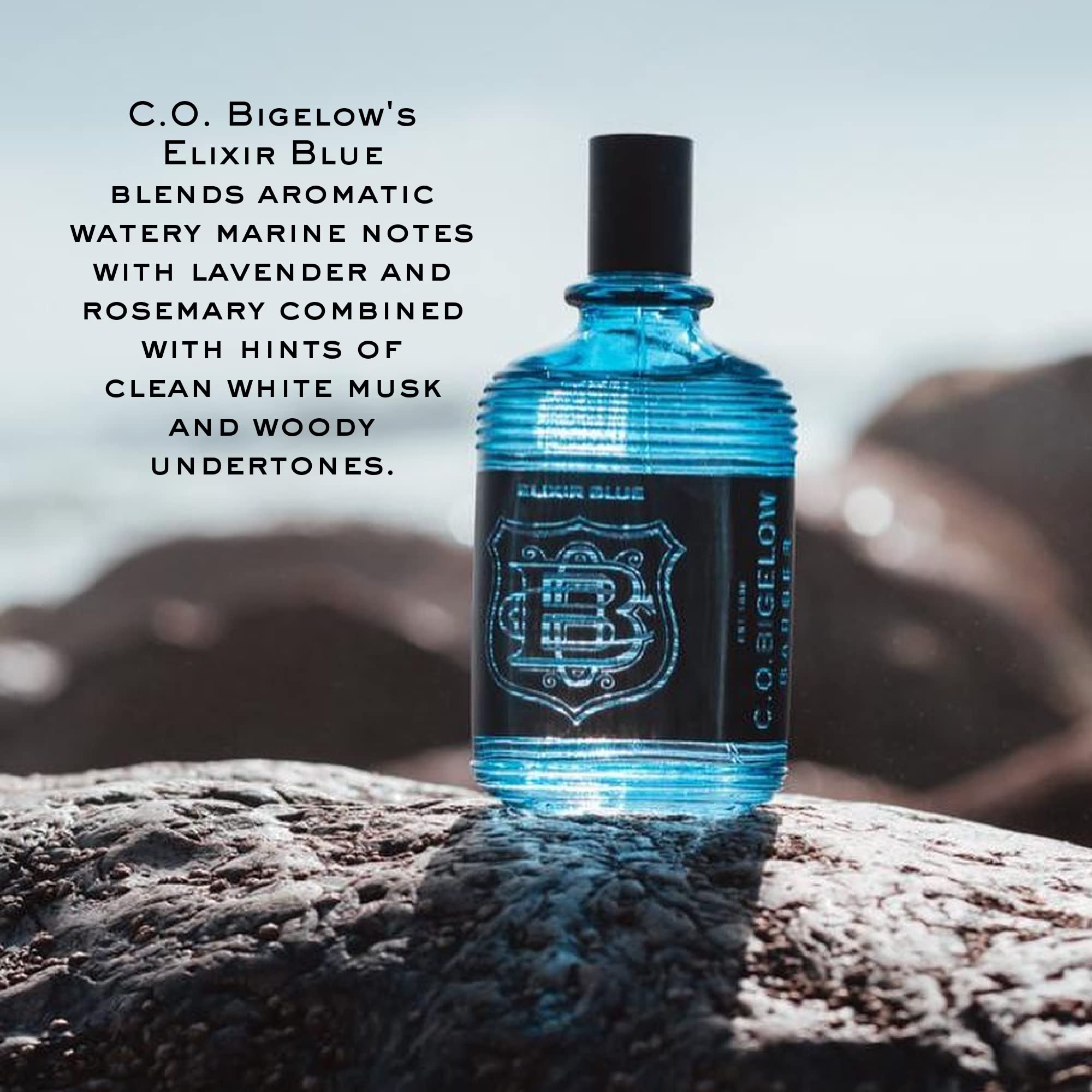 Etiqueta de C. O. Bigelow Elixir Blue destaca el perfil marino, ideal para presentaciones y eventos.
