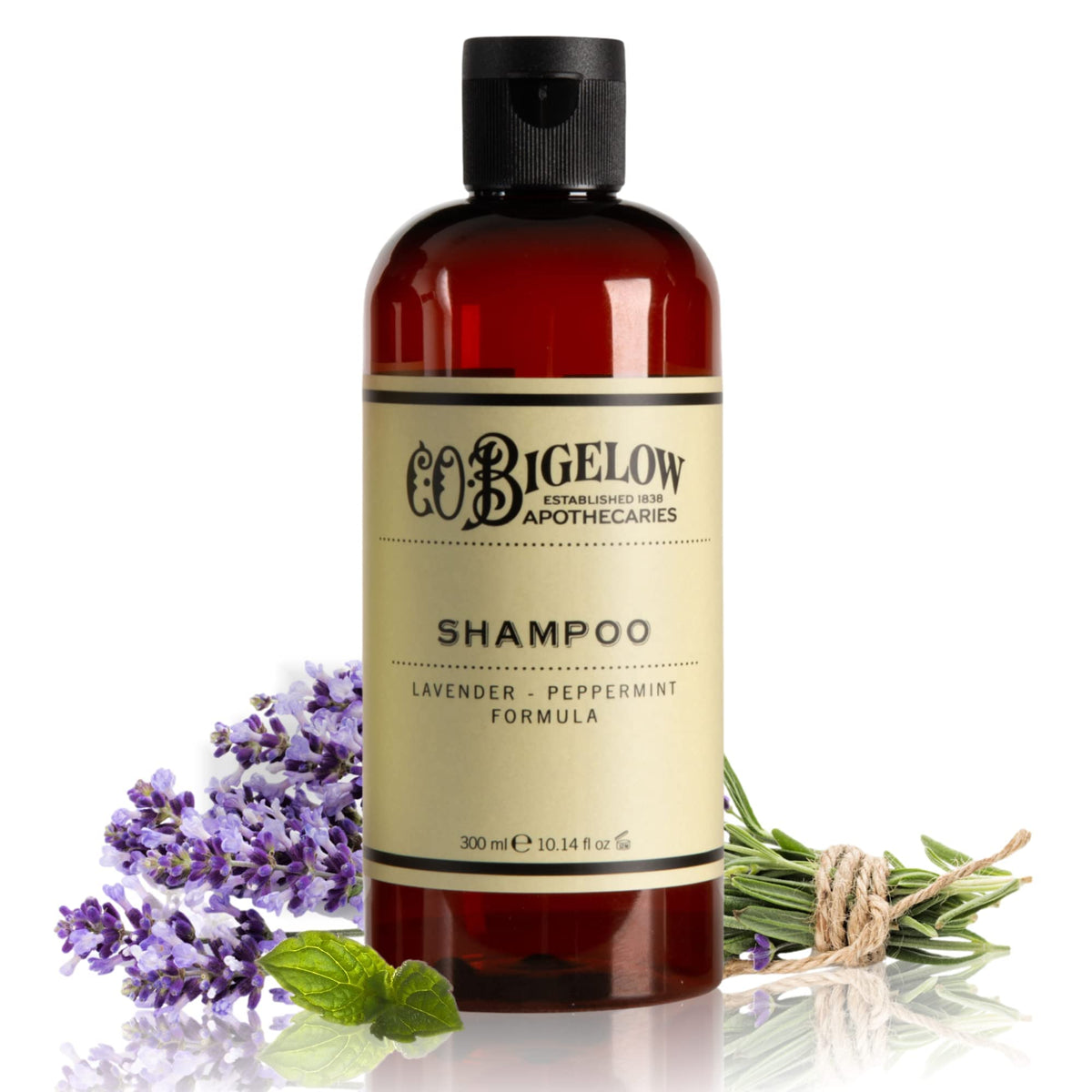 Champú C.O. Bigelow Lavanda Menta en botella, limpieza suave y profunda.