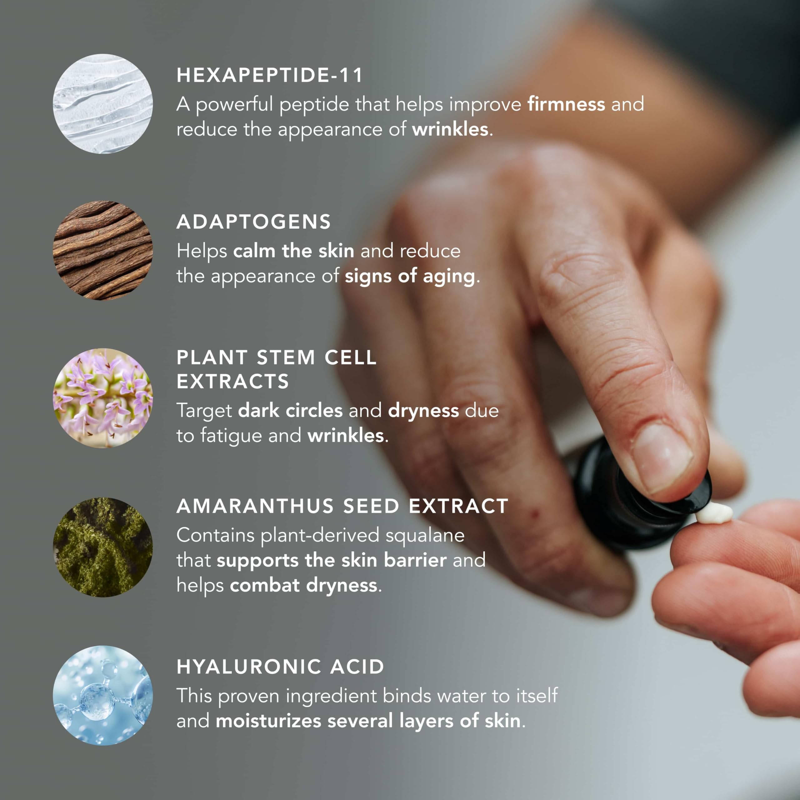 The Eye Serum con extractos de células vegetales brindando calma ocular.