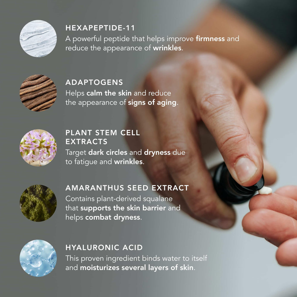 The Eye Serum con extractos de células vegetales brindando calma ocular.