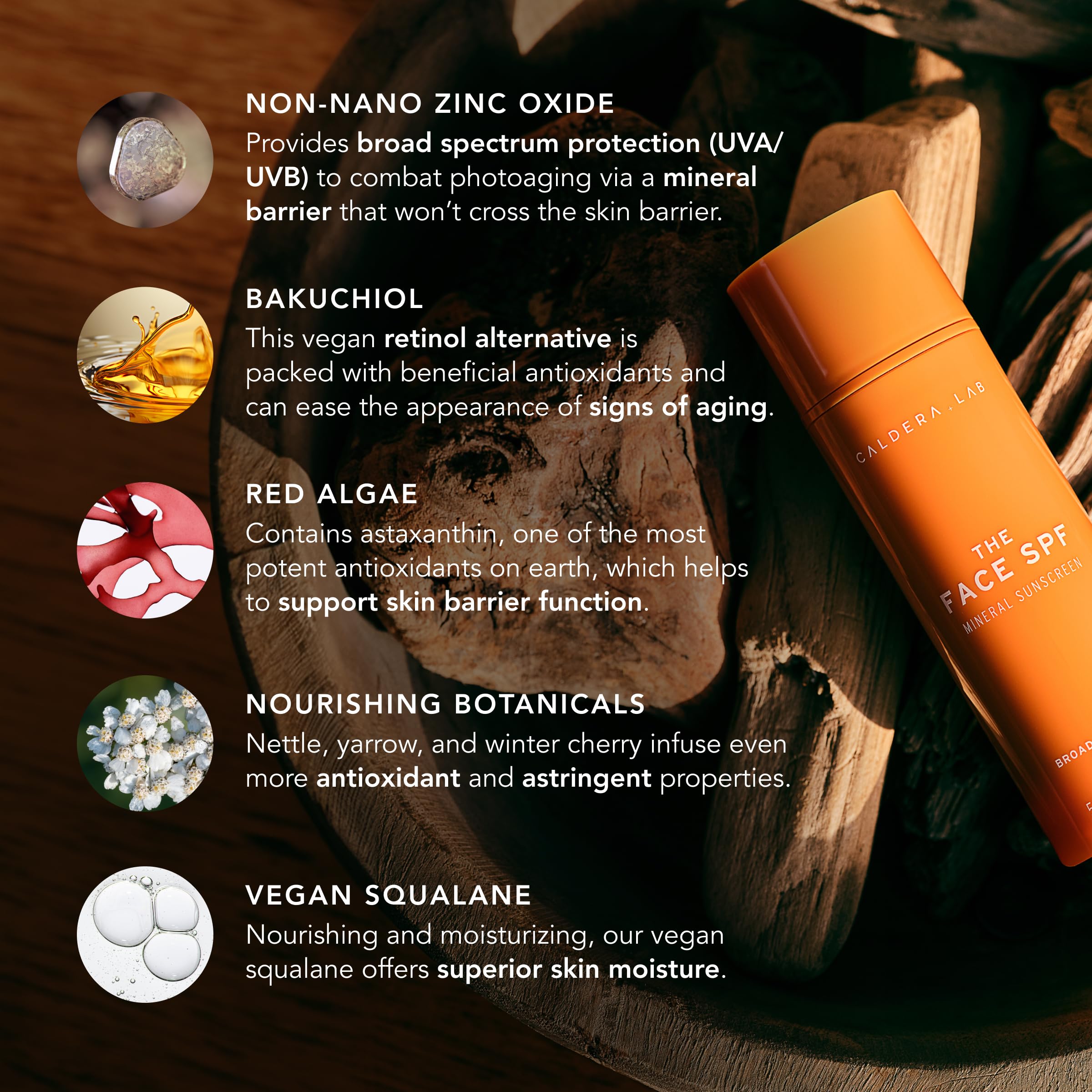 Caldera + Lab The Face SPF, bakuchiol y algas rojas para nutrición suave de la piel.