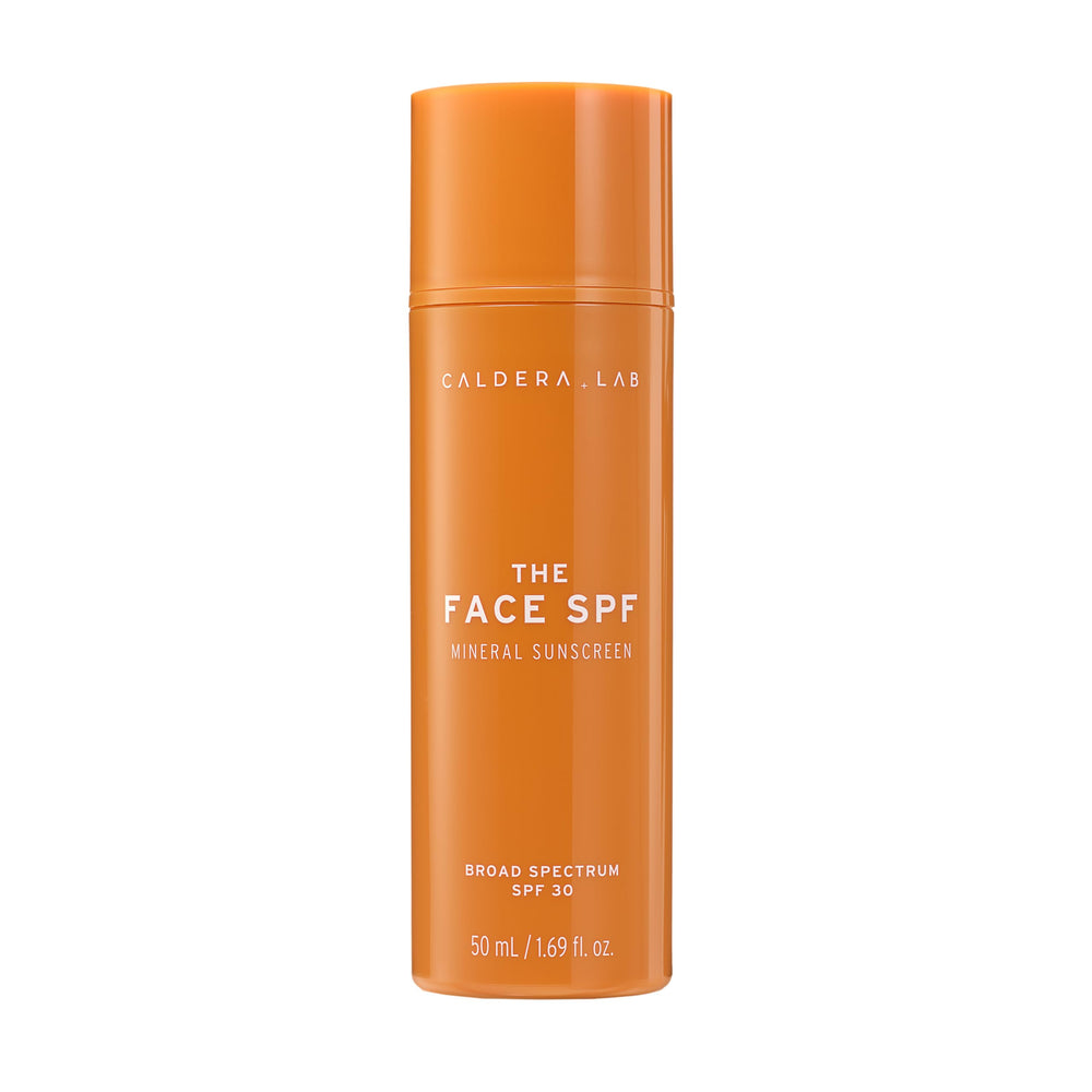 Caldera + Lab The Face SPF, botella para aplicación diaria y protección sin residuo blanco.