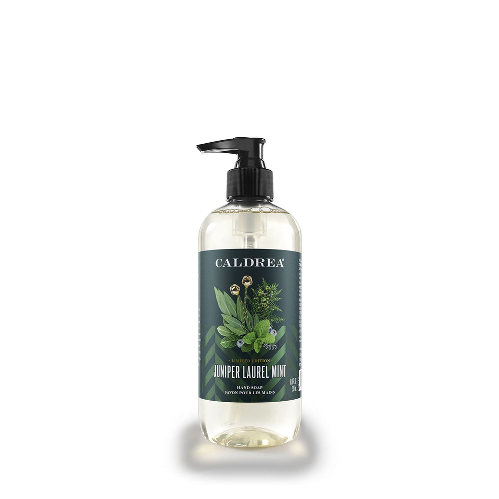 Caldrea hand soap bottle showing aloe, olive oil, and mint aroma for gentle cleansing.