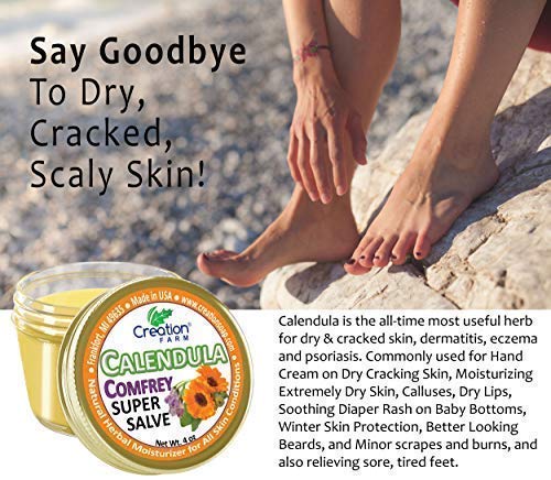 Calendula Comfrey Salve, textura cremosa lista para hidratar piel.