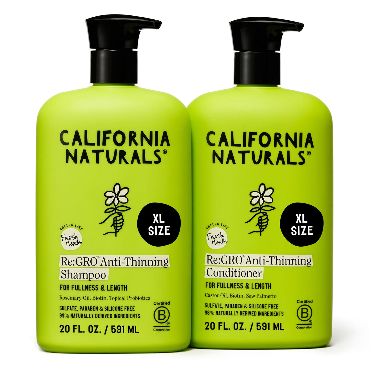 Re:GRO champú de California Naturals, botella frontal, estimula cuero cabelludo y cabello