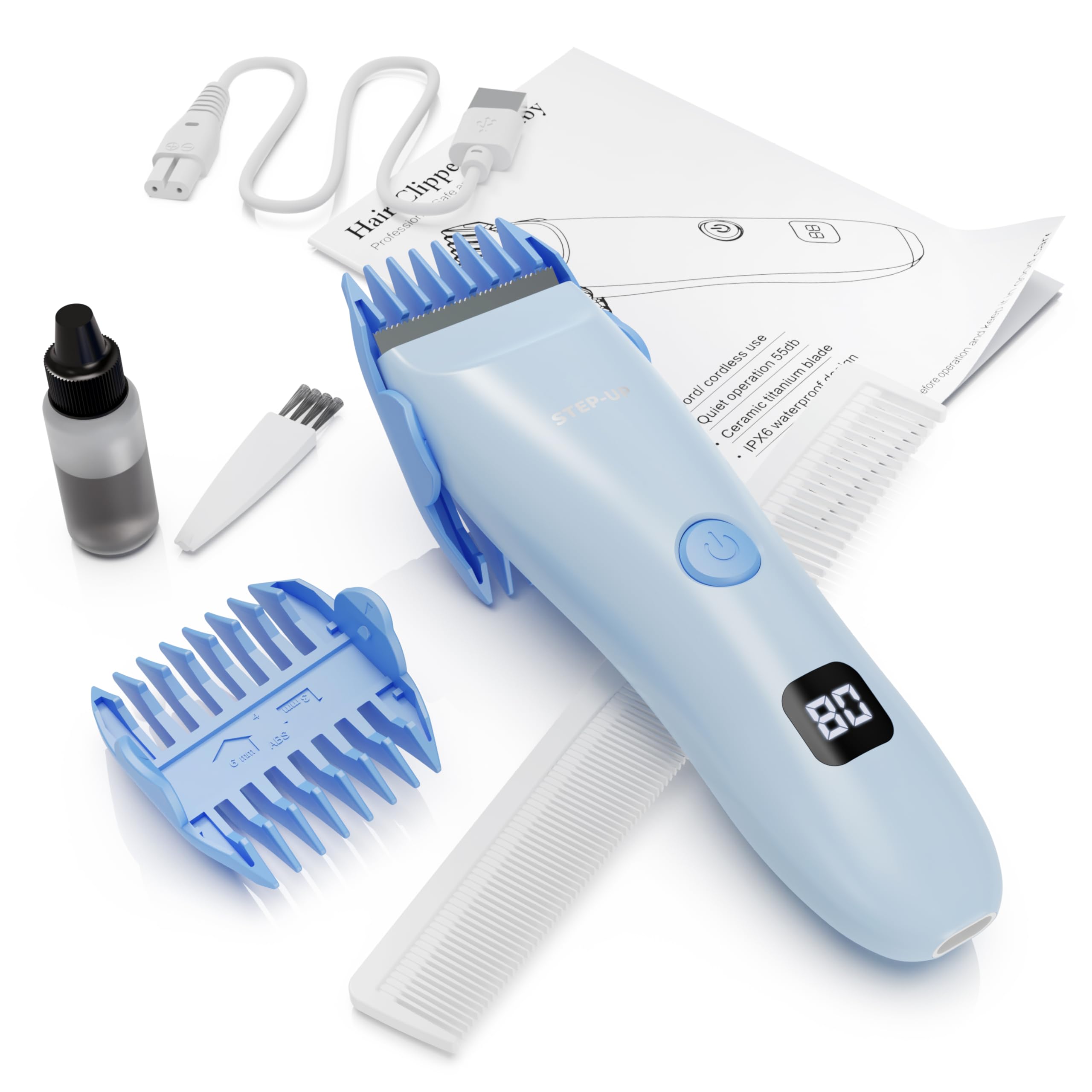 CALMING CLIPPER Step-Up, vista frontal, clipado silencioso para cortes suaves.