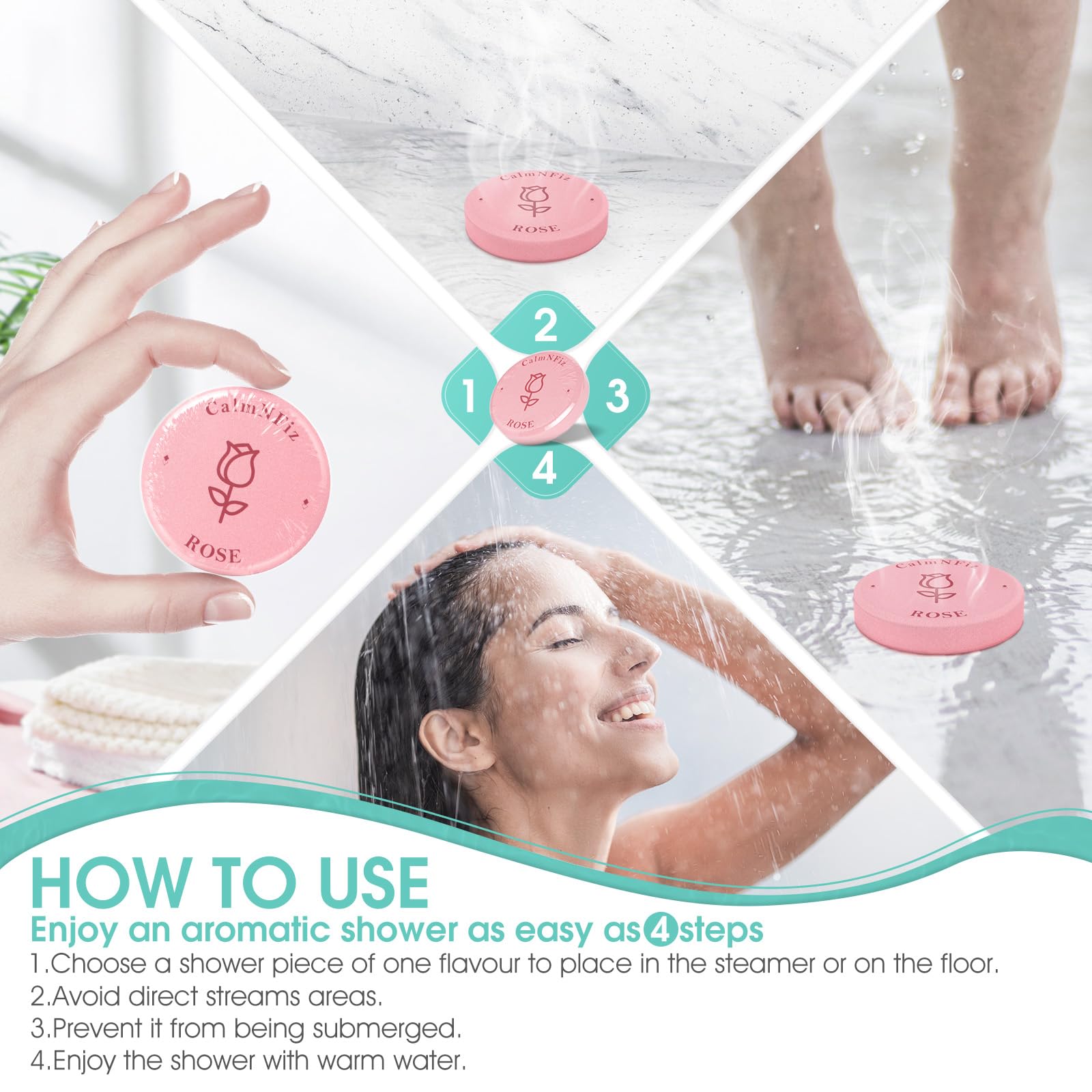 CalmNFiz uso-ducha-paso-a-paso: guía visual para disolver fácilmente en la ducha.