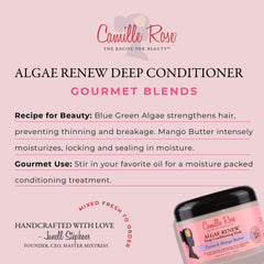 Camille Rose Algae Renew, aplicación en cabello seco para hidratación profunda.