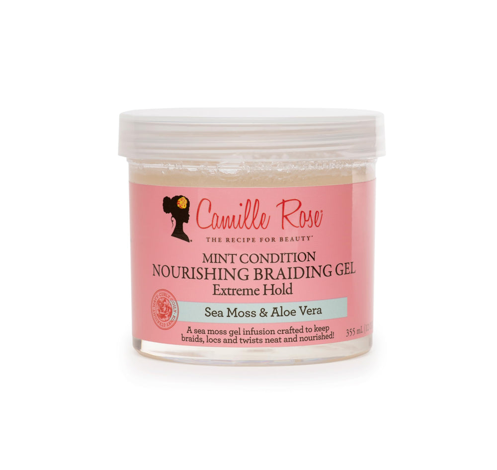 Camille Rose Mint Condition Braid Gel en frasco para hidratación y brillo suave.