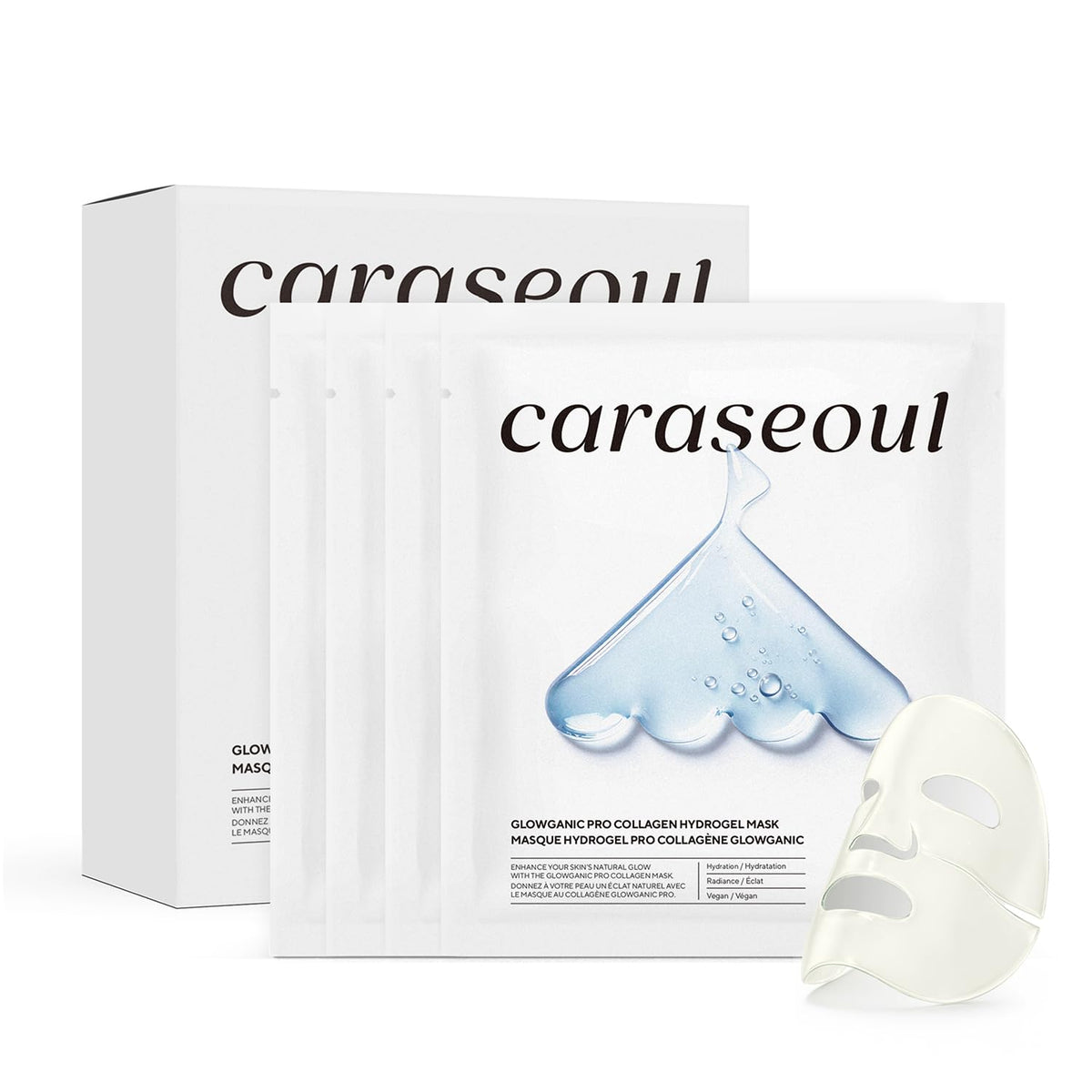 Caraseoul Glowganic Pro, mascarilla hidrogel para aplicación suave y piel radiante.